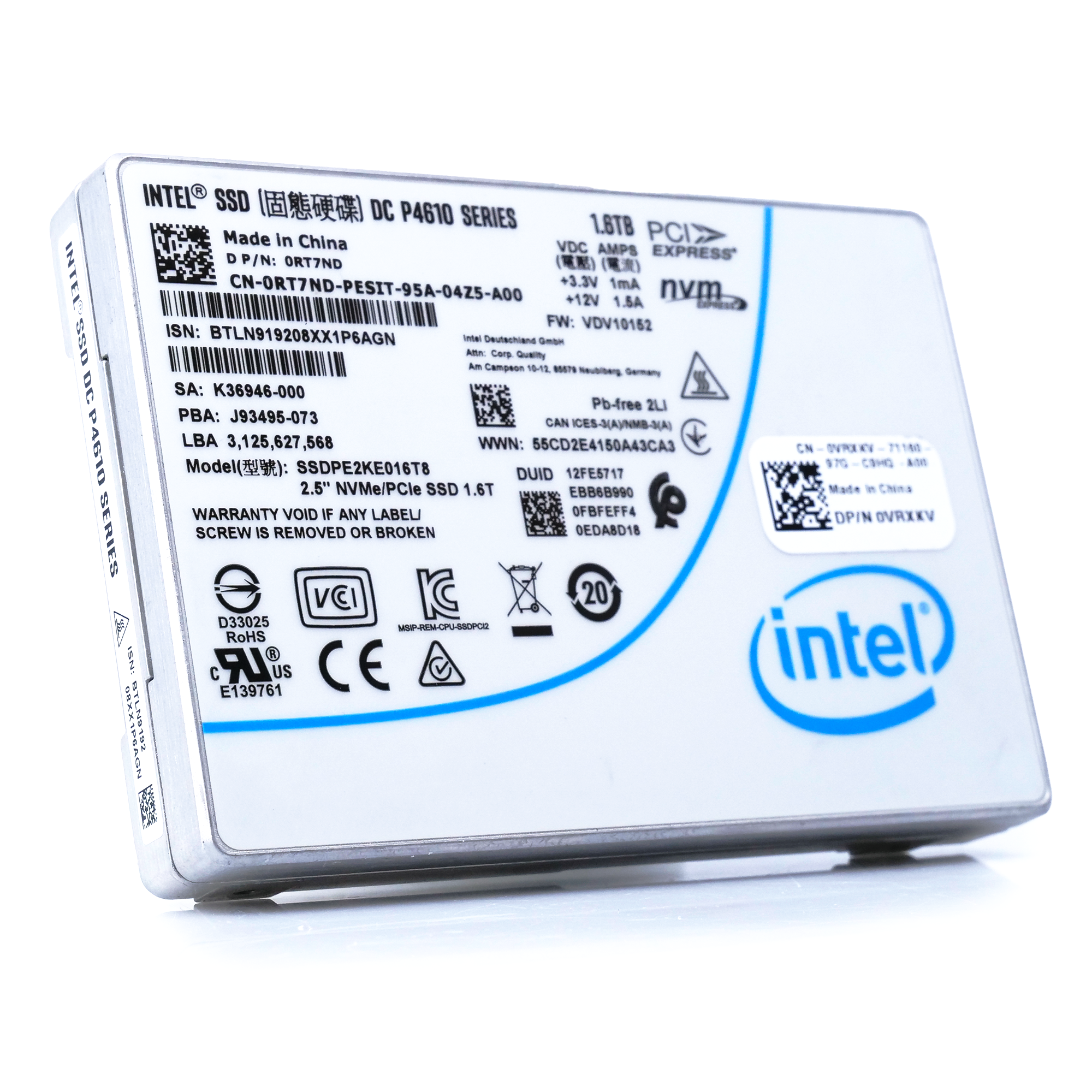 Intel P4610 SSDPE2KE016T8 1.6TB PCIe Gen 3.1 x4 4GB/s U.2 NVMe 2.5in Refurbished SSD