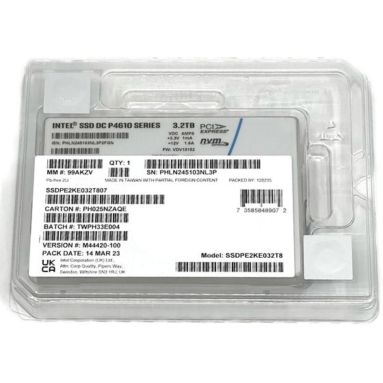 Intel P4610 SSDPE2KE032T807 M44420-100 3.2TB PCIe Gen 3.1 x4 4GB/s 3D TLC 3DWPD U.2 NVMe 2.5in Solid State Drive
