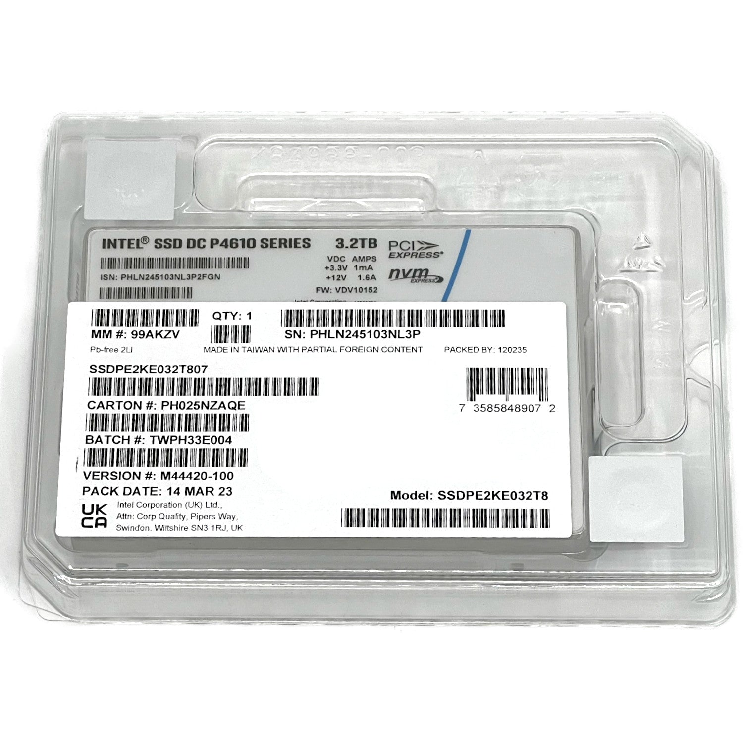 Intel P4610 SSDPE2KE032T807 M44420-100 3.2TB PCIe Gen 3.1 x4 4GB/s 3D TLC 3DWPD U.2 NVMe 2.5in Solid State Drive