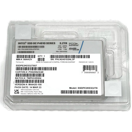 Intel P4610 SSDPE2KE032T807 M44420-100 3.2TB PCIe Gen 3.1 x4 4GB/s 3D TLC 3DWPD U.2 NVMe 2.5in Solid State Drive