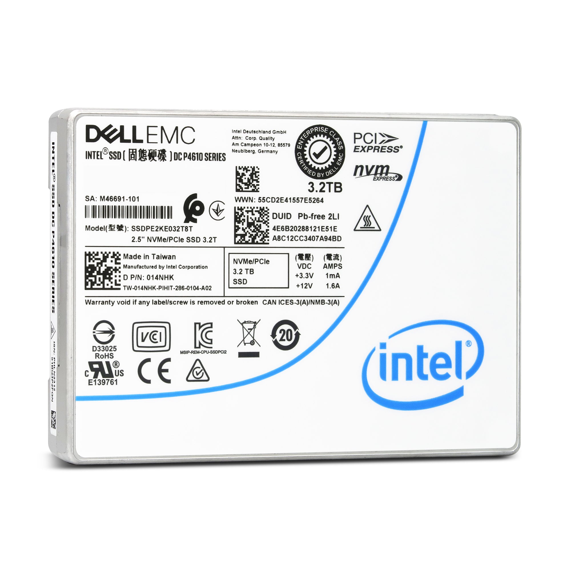 Dell P4610 SSDPE2KE032T8TB 014NHK 3.2TB PCIe Gen 3.1 X4 4GB/s 3D TLC 3DWPD U.2 NVMe 2.5in Recertified Solid State Drive