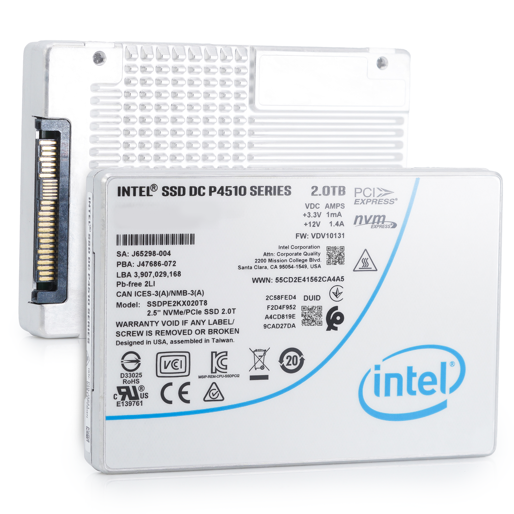 Intel P4510 SSDPE2KX020T801 2TB PCIe Gen 3.1 x4 4GB/s U.2 NVMe 2.5in Solid State Drive main image front and back.