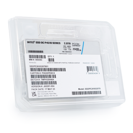 Intel P4510 SSDPE2KX020T801 2TB PCIe Gen 3.1 x4 4GB/s U.2 NVMe 2.5in Solid State Drive front in packaging. 