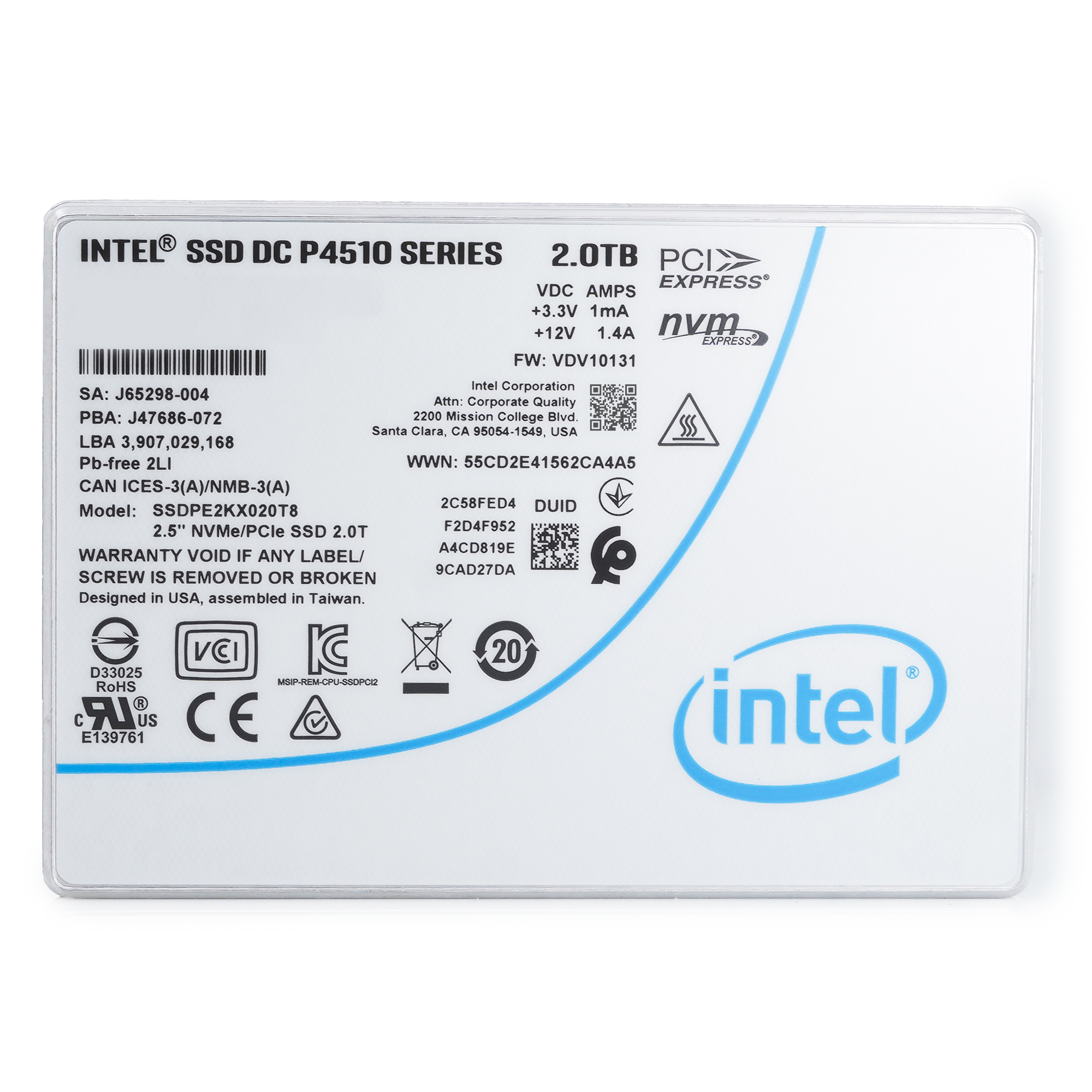 Intel P4510 SSDPE2KX020T801 2TB PCIe Gen 3.1 x4 4GB/s U.2 NVMe 2.5in Solid State Drive front flat.