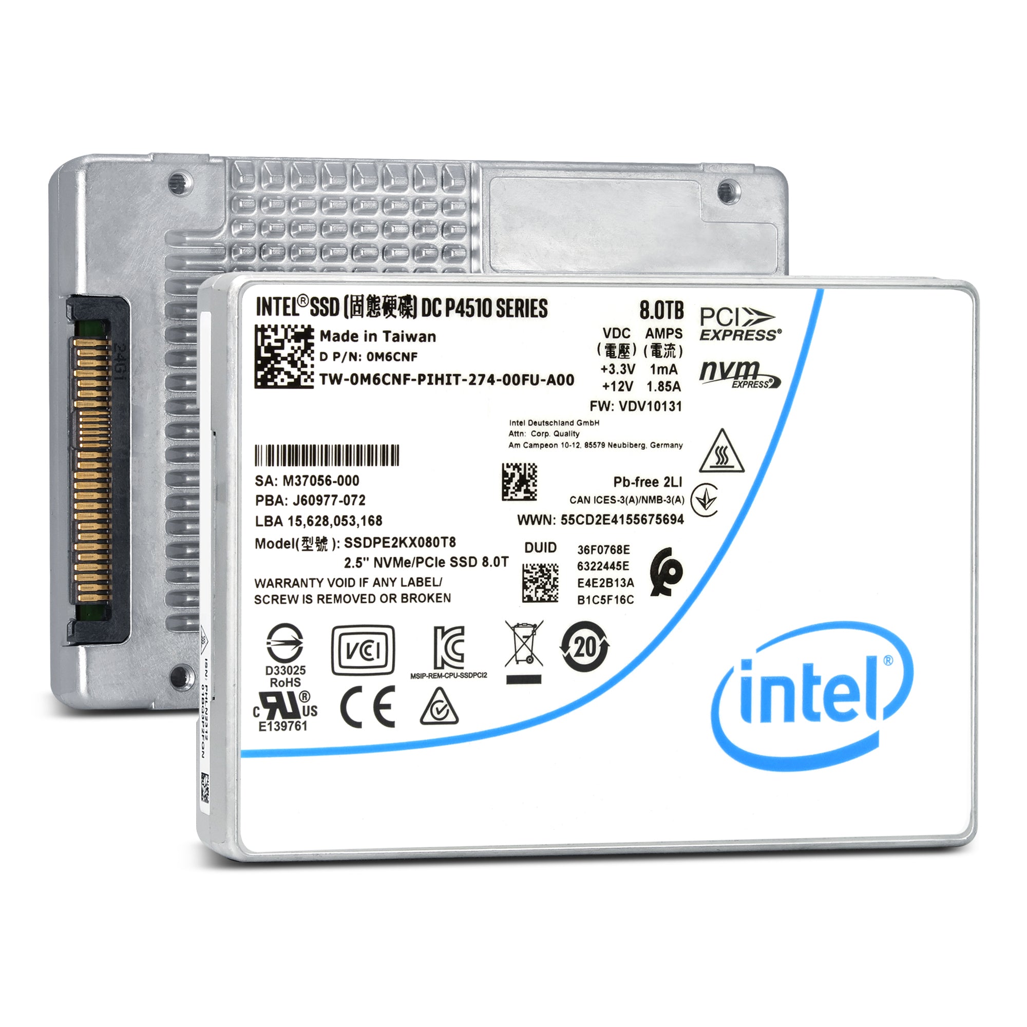 Intel DC P4510 SSDPE2KX080T851 0M6CNF 8TB PCIe Gen 3.1 X4 4GB/s 3D TLC 1DWPD U.2 NVMe 2.5in Recertified Solid State Drive
