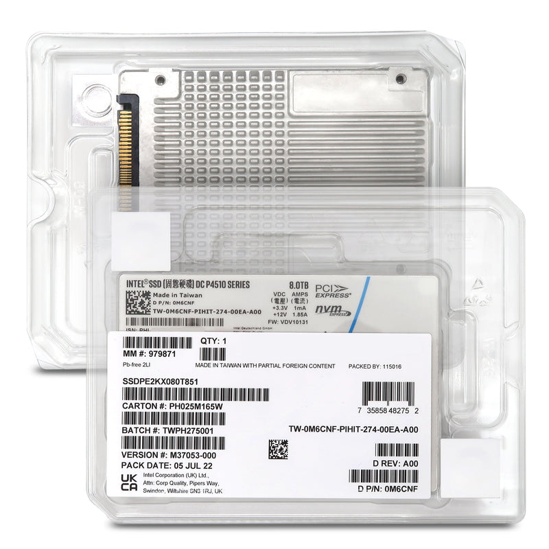 Intel DC P4510 SSDPE2KX080T851 0M6CNF 8TB PCIe Gen 3.1 X4 4GB/s 3D TLC 1DWPD U.2 NVMe 2.5in Solid State Drive - Factory Sealed New