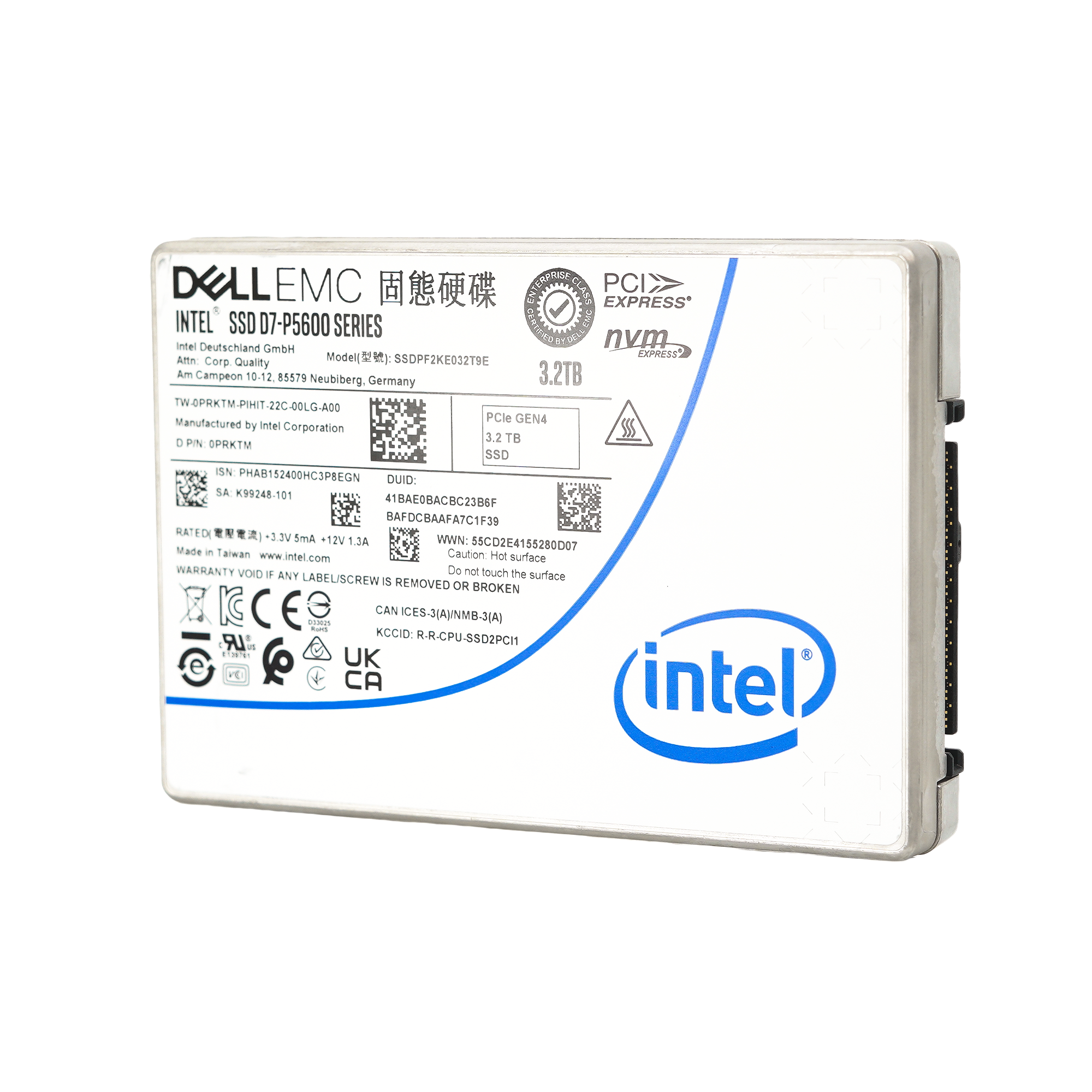 Dell D7-P5600 SSDPF2KE032T9T0 0PRKTM 3.2TB PCIe Gen 4.0 X4 8GB/s 3D TLC 3DWPD U.2 NVMe 2.5in Solid State Drive - Front View