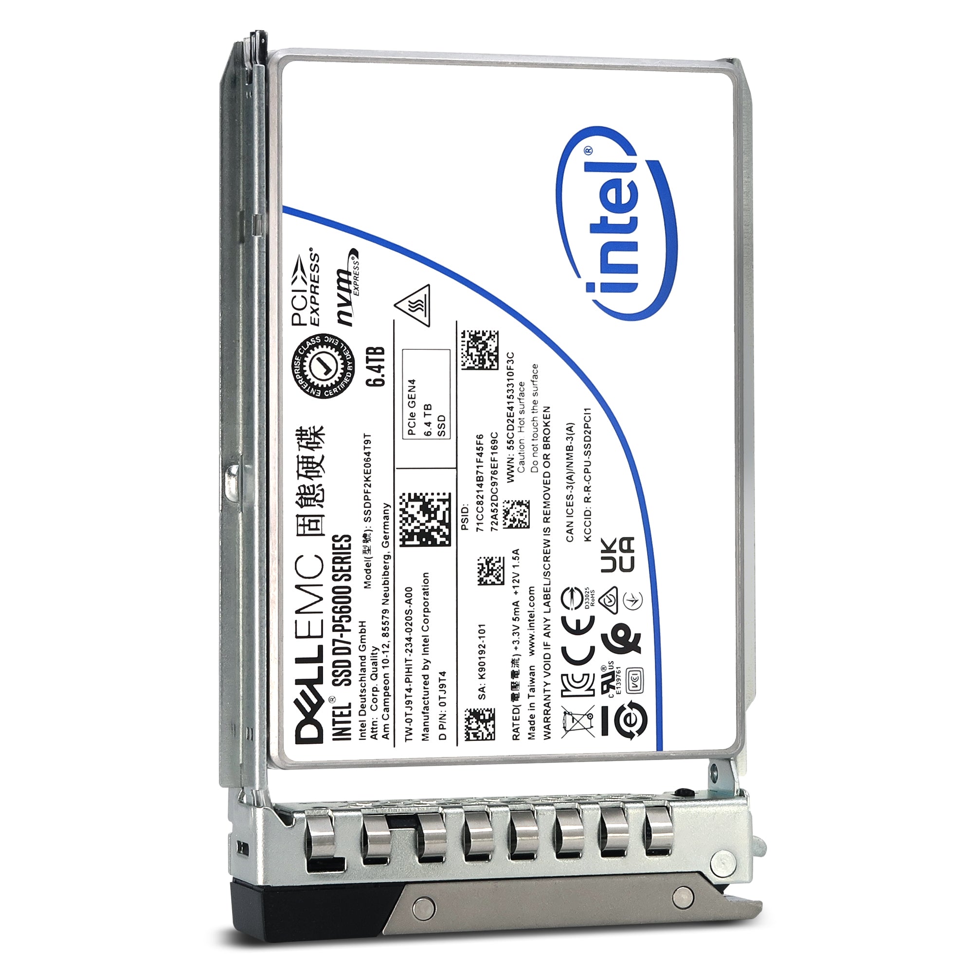 Dell G14 SSDPF2KE064T9TP 0TJ9T4 6.4TB PCIe Gen 4.0 x4 8GB/s 3D TLC 3DWPD SED U.2 NVMe 2.5in Solid State Drive - Front View