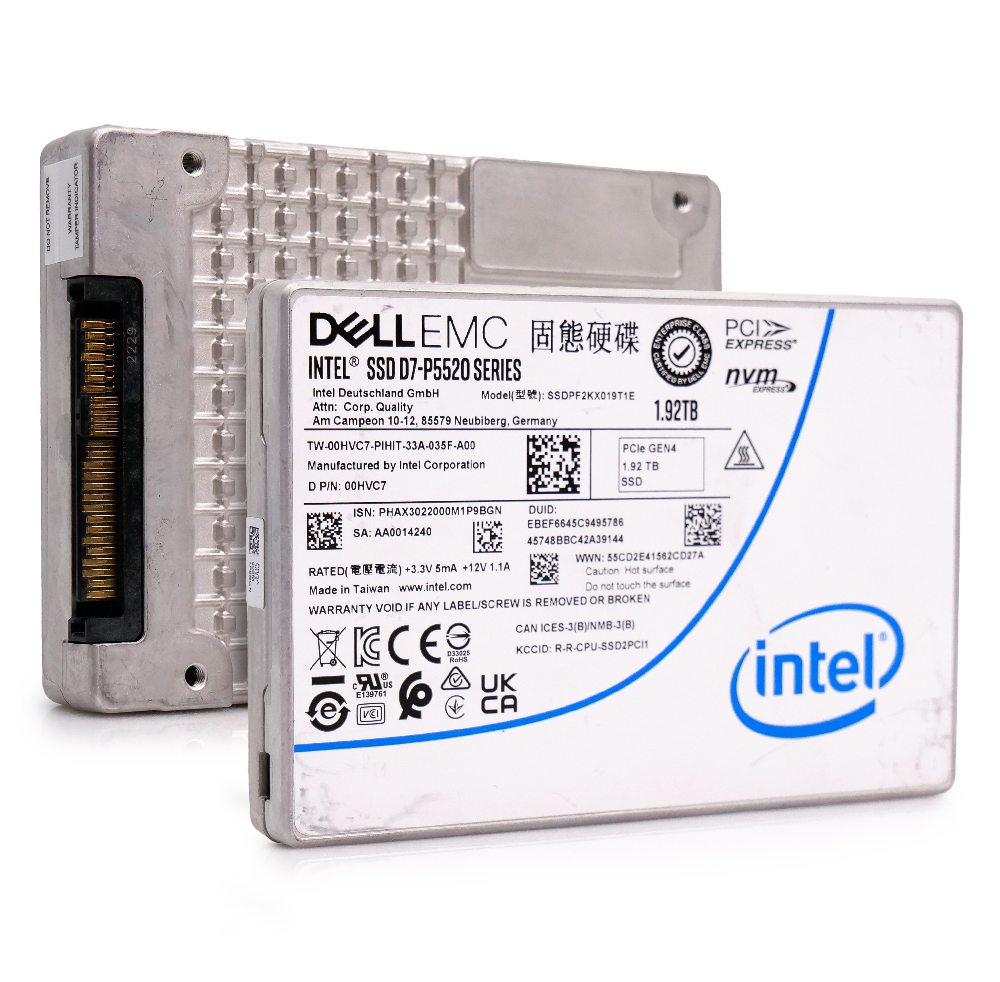 Intel/Dell P5520 SSDPF2KX019T1E 00HVC7 1.92TB 1 DWPD PCIe Gen 4.0 x4 8GB/s Mixed Use U.2 NVMe 2.5in Refurbished SSD