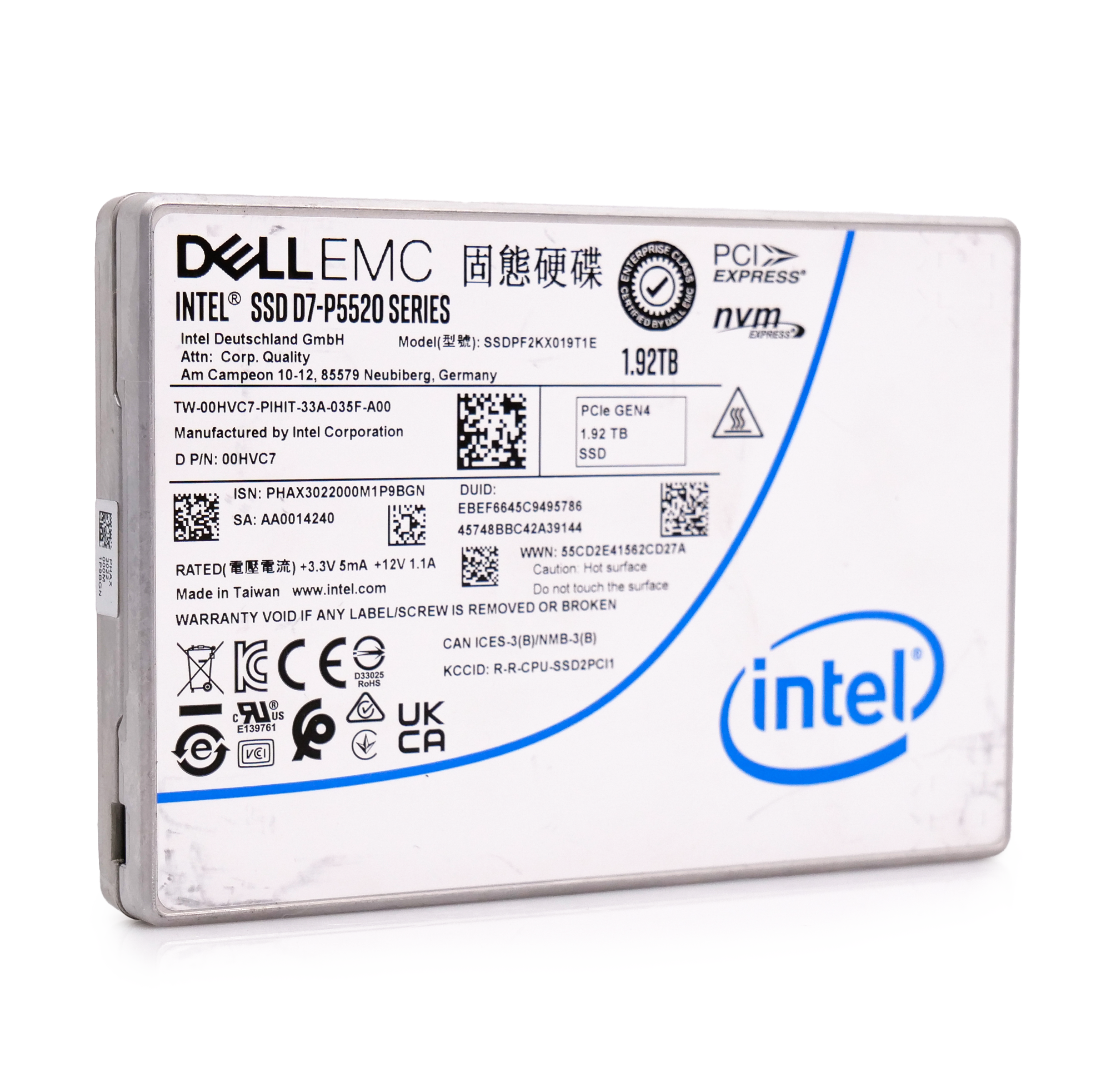 Intel/Dell P5520 SSDPF2KX019T1E 00HVC7 1.92TB 1 DWPD PCIe Gen 4.0 x4 8GB/s Mixed Use U.2 NVMe 2.5in Solid State Drive