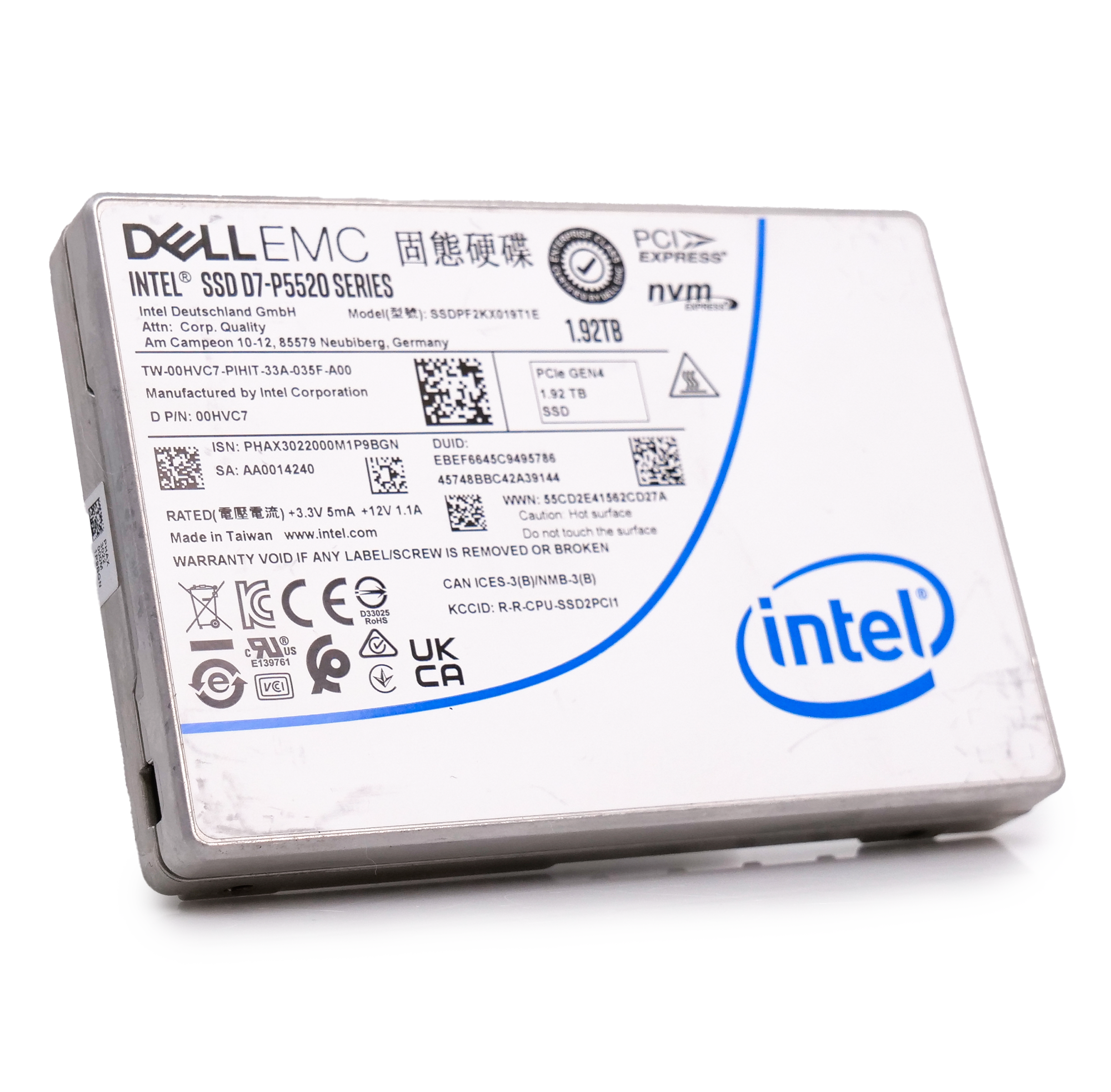 Intel/Dell P5520 SSDPF2KX019T1E 00HVC7 1.92TB 1 DWPD PCIe Gen 4.0 x4 8GB/s Mixed Use U.2 NVMe 2.5in Solid State Drive