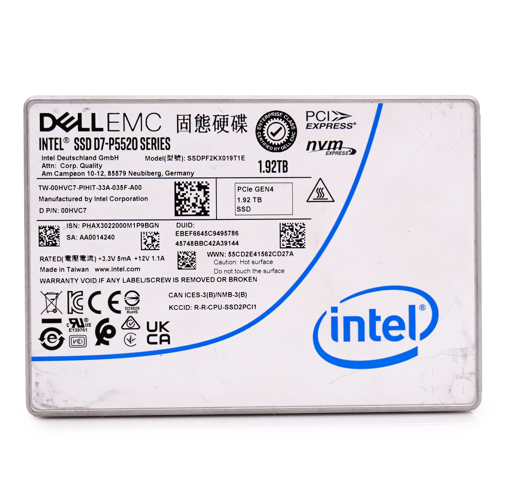 Intel/Dell P5520 SSDPF2KX019T1E 00HVC7 1.92TB 1 DWPD PCIe Gen 4.0 x4 8GB/s Mixed Use U.2 NVMe 2.5in Solid State Drive