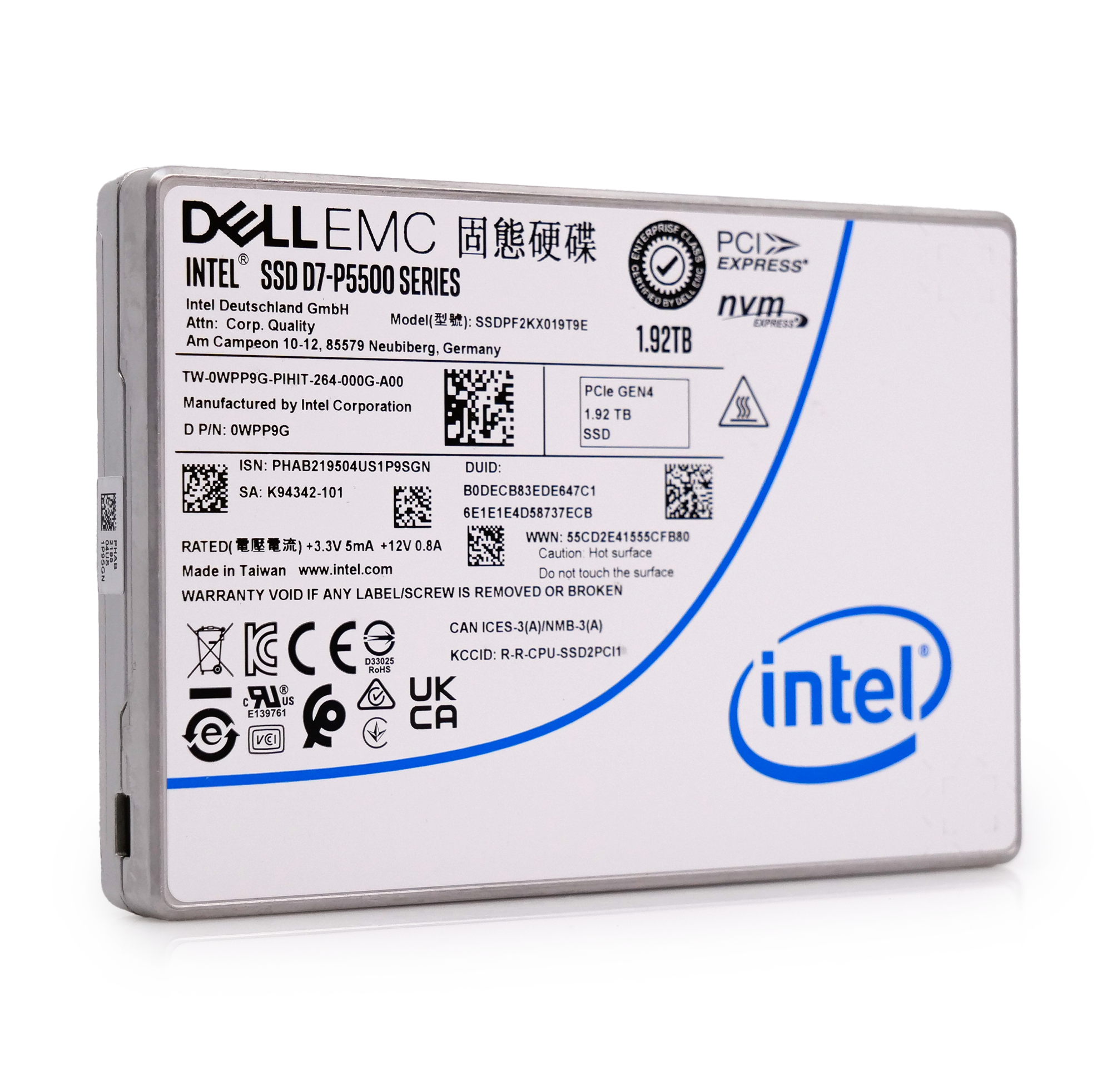 Intel P5500 SSDPF2KX019T9O 0WPP9G 1.92TB 1 DWPD PCIe 4.0 x4 8GB/s 3D TLC U.2 NVMe 2.5in Enterprise Solid State Drive