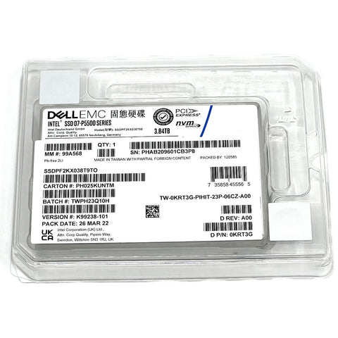Dell D7-P5500 SSDPF2KX038T9TO 0KRT3G 3.84TB PCIe Gen 4.0 X4 8GB/s 3D TLC 1DWPD U.2 NVMe 2.5in Solid State Drive