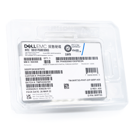 Dell D7-P5500 SSDPF2KX038T9TO 0KRT3G 3.84TB PCIe Gen 4.0 X4 8GB/s 3D TLC 1DWPD U.2 NVMe 2.5in Solid State Drive in box front