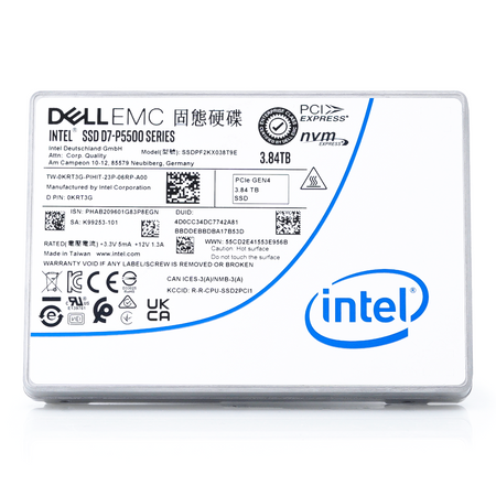 Dell D7-P5500 SSDPF2KX038T9TO 0KRT3G 3.84TB PCIe Gen 4.0 X4 8GB/s 3D TLC 1DWPD U.2 NVMe 2.5in Solid State Drive front standing 2