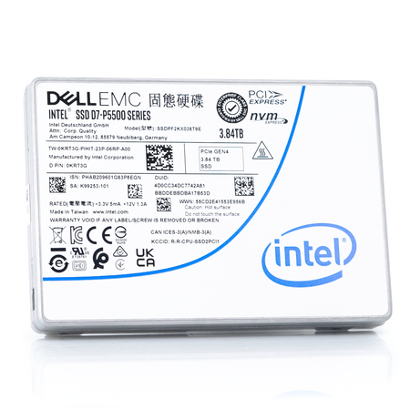 Dell D7-P5500 SSDPF2KX038T9TO 0KRT3G 3.84TB PCIe Gen 4.0 X4 8GB/s 3D TLC 1DWPD U.2 NVMe 2.5in Solid State Drive front standing