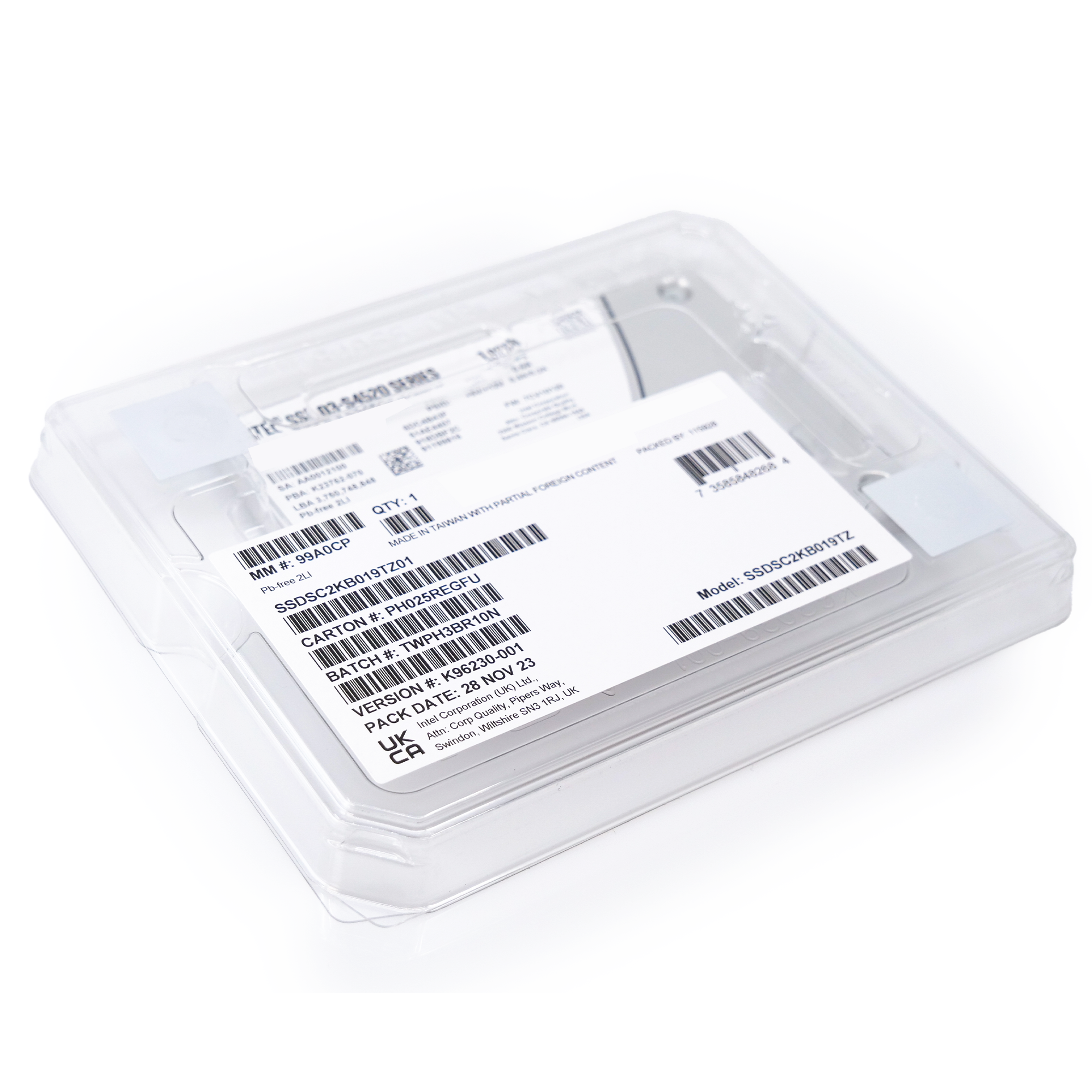 Intel D3-S4520 SSDSC2KB019TZ01 1.92TB SATA 6Gb/s 3D TLC 1DWPD 2.5in Solid State Drive flat angle.