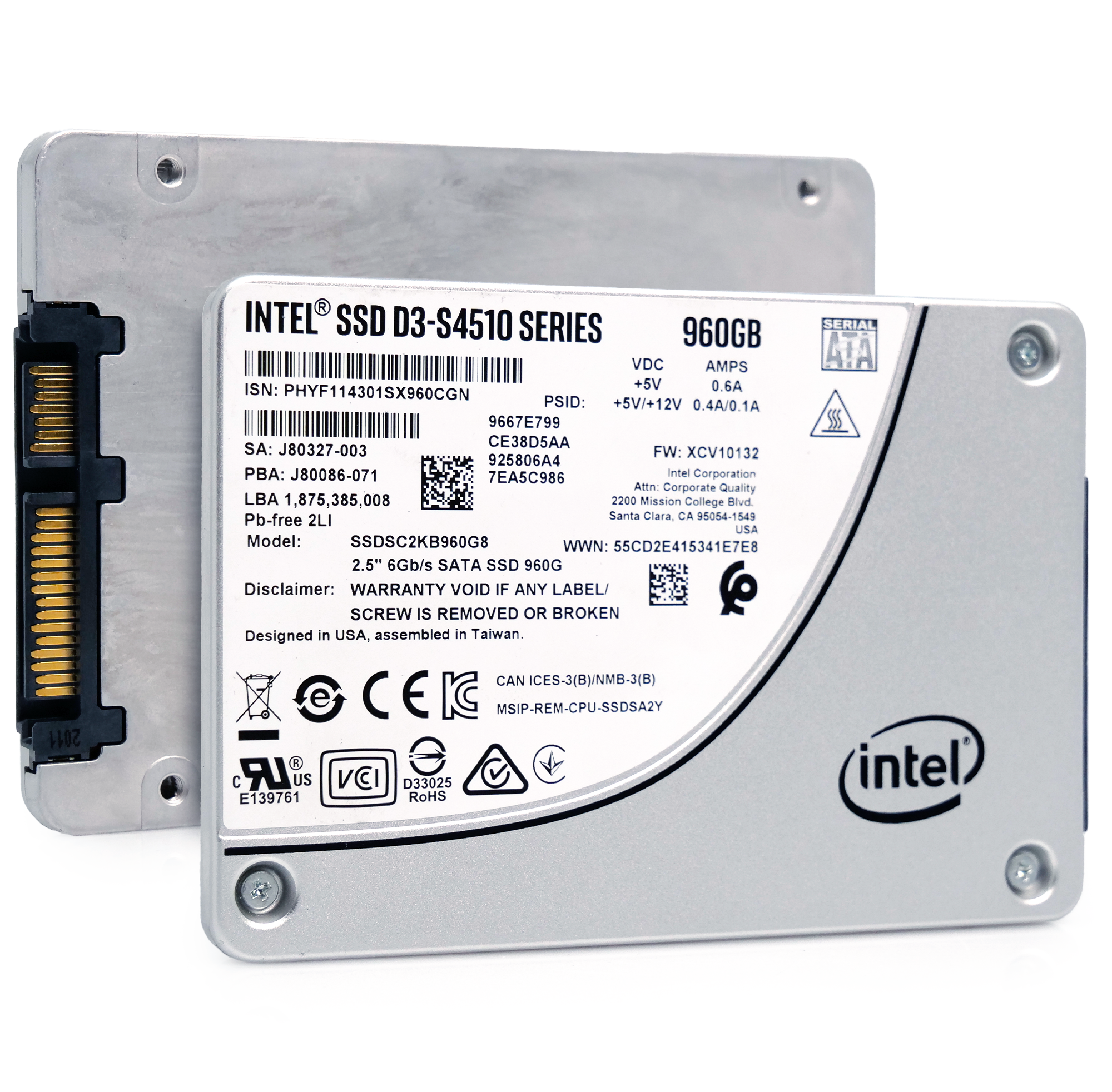 Intel S4510 SSDSC2KB960G8 960GB 2 DWPD SATA 6Gb/s 3D NAND, TLC 2.5in Recertified Solid State Drive