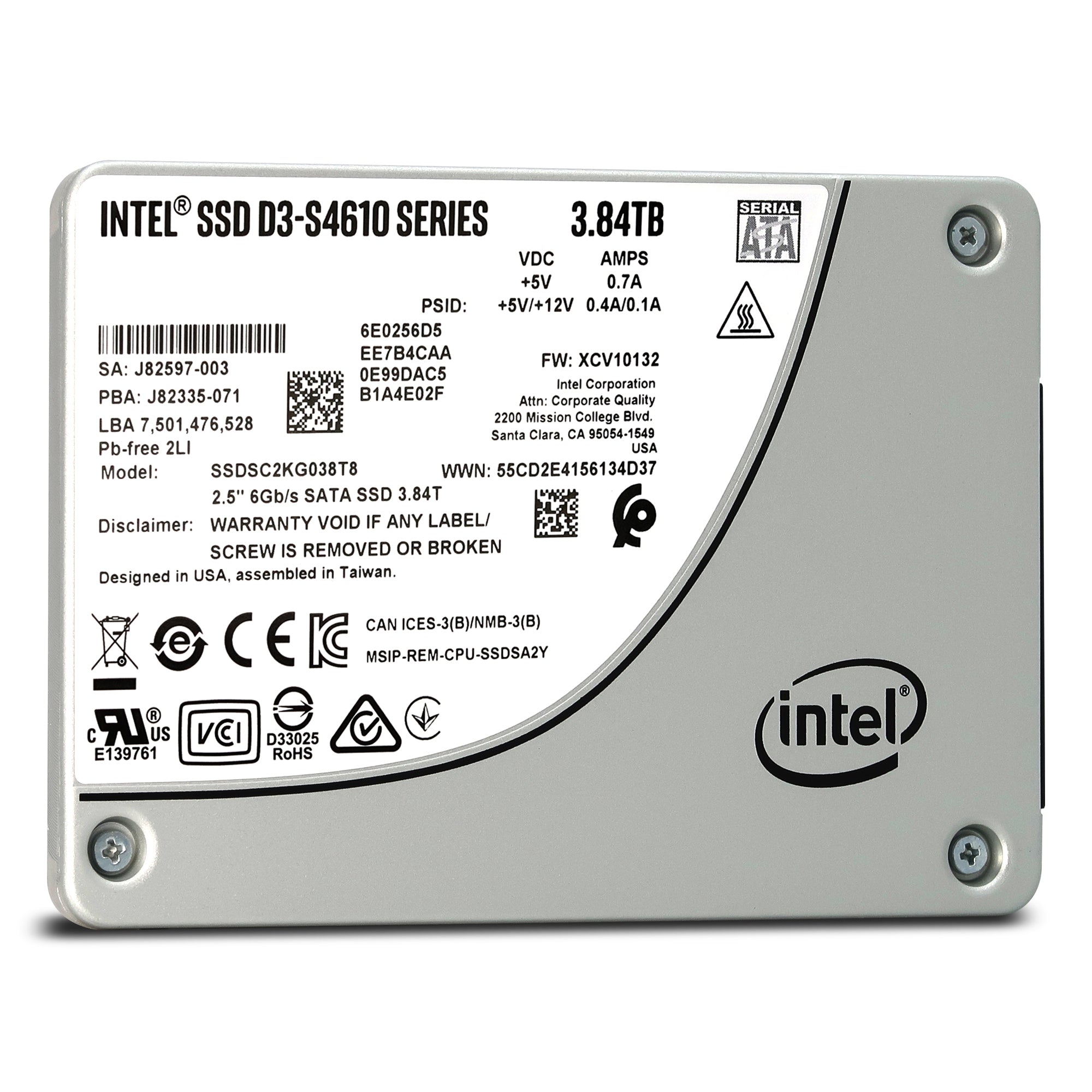 Intel D3-S4610 SSDSC2KG038T801 3.84TB SATA 6Gb/s 2.5" AES 256-bit Solid State Drive - Front