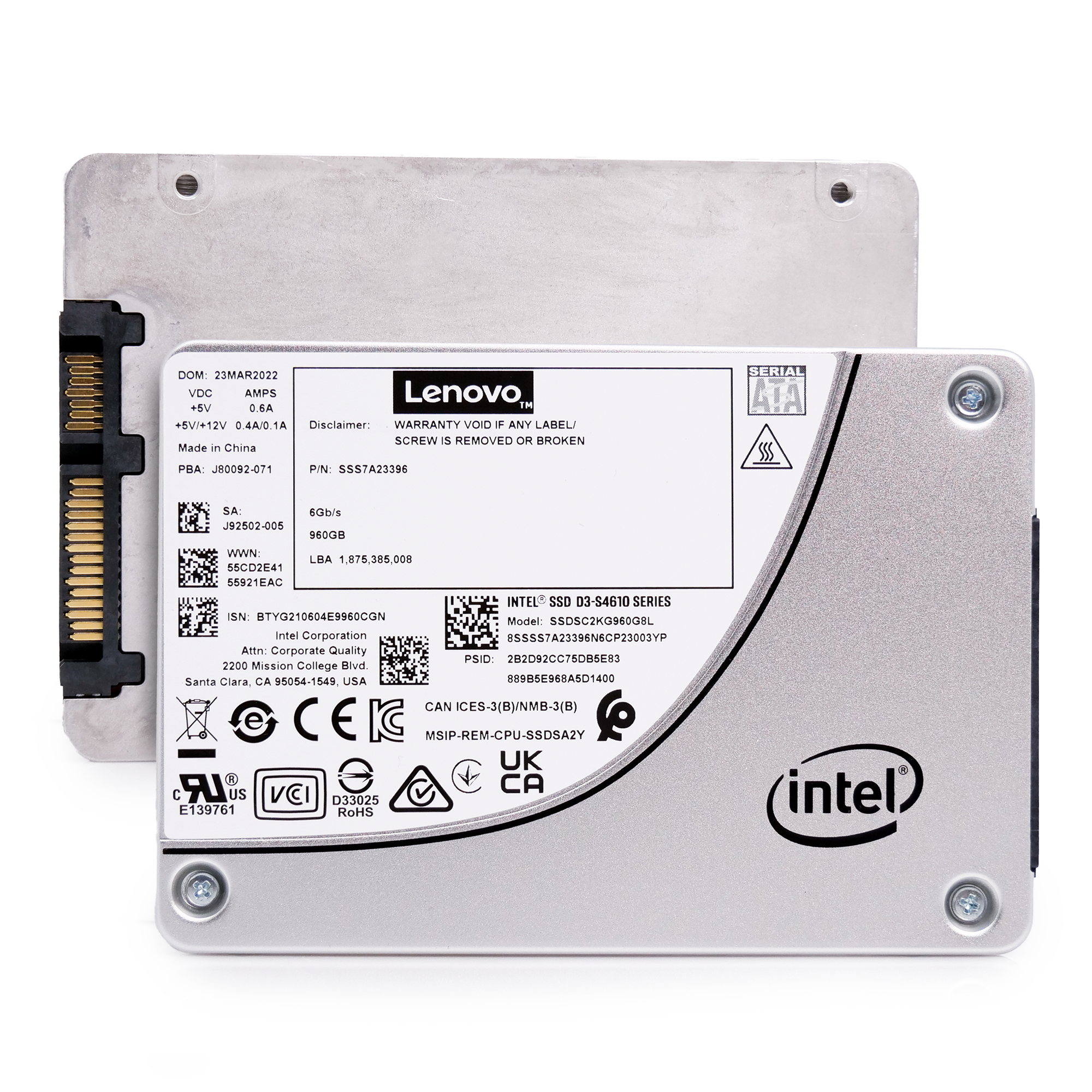 Intel/Lenovo S4610 SSDSC2KG960G8L1 960GB 3 DWPD SATA 6Gb/s 3D NAND TLC 2.5in Recertified Solid State Drive