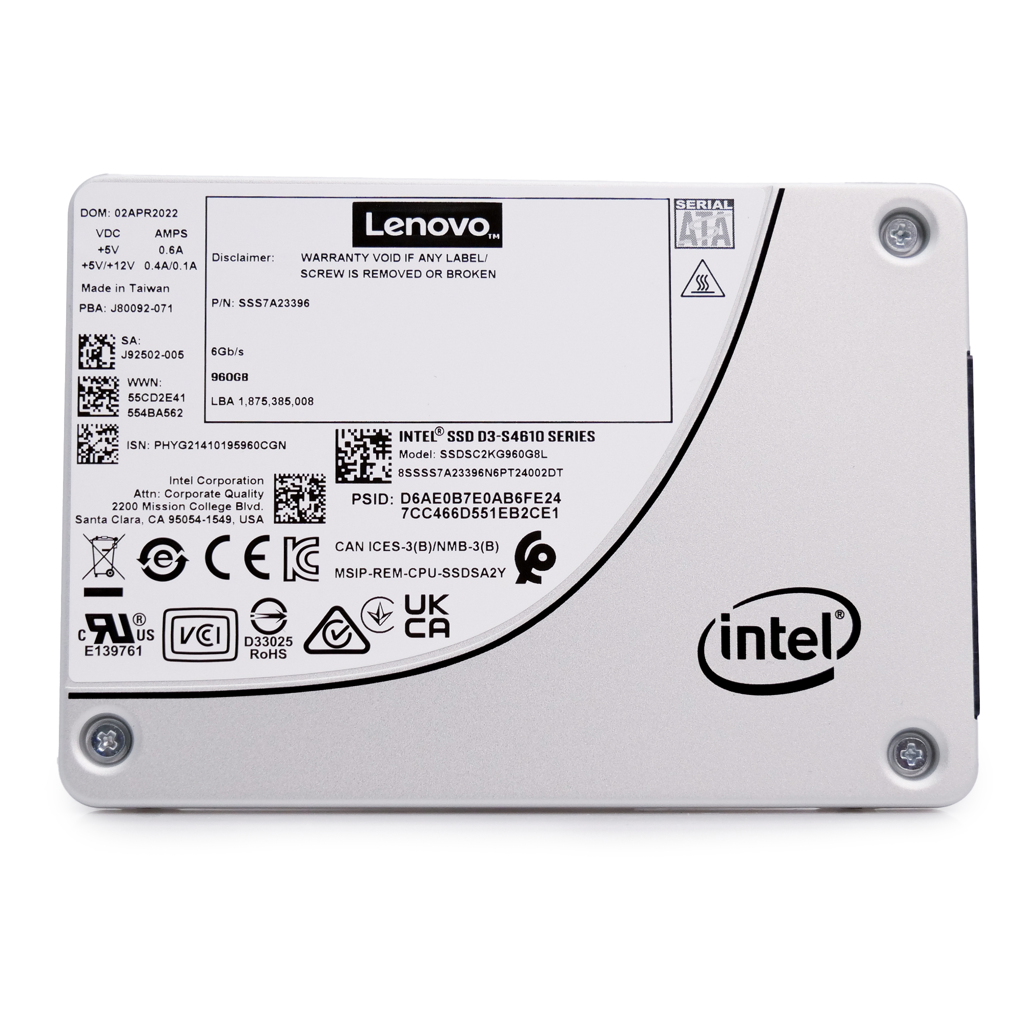 Intel/Lenovo S4610 SSDSC2KG960G8L1 960GB 3 DWPD SATA 6Gb/s 3D NAND TLC 2.5in Solid State Drive