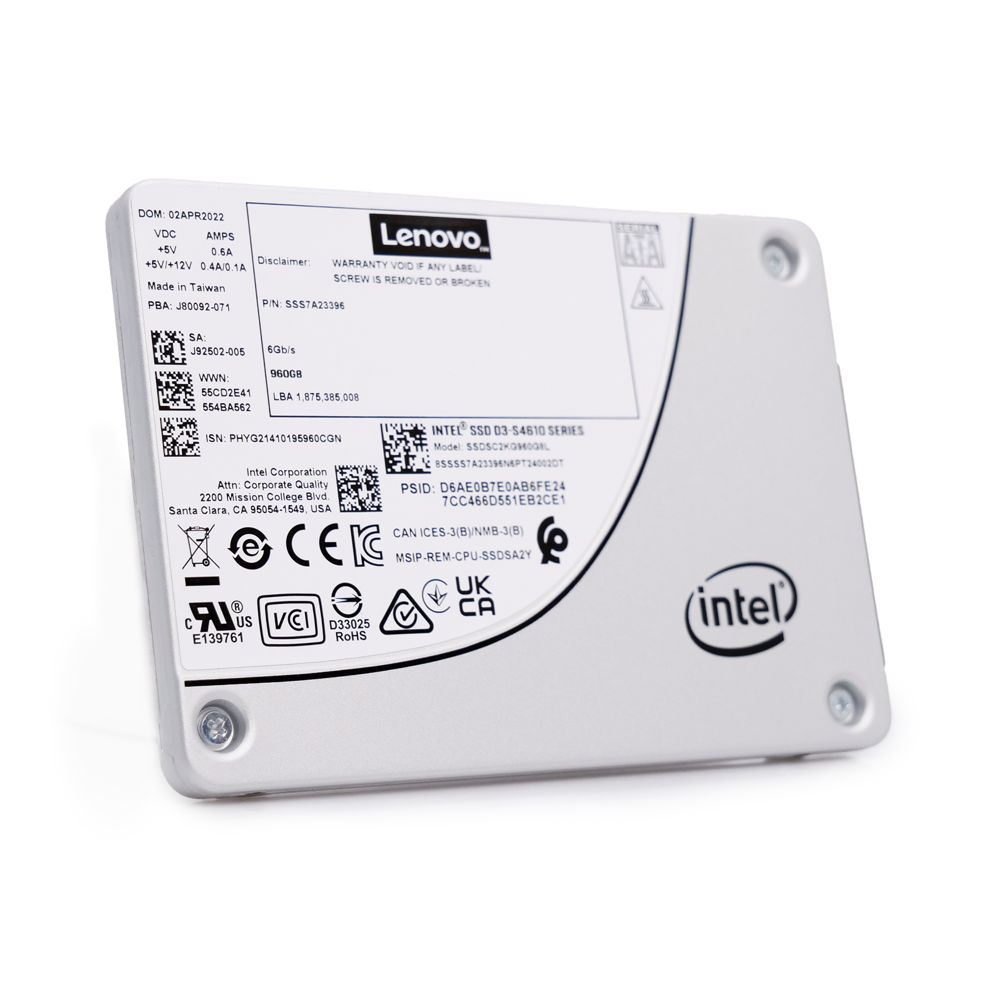 Intel/Lenovo S4610 SSDSC2KG960G8L1 960GB 3 DWPD SATA 6Gb/s 3D NAND TLC 2.5in Solid State Drive