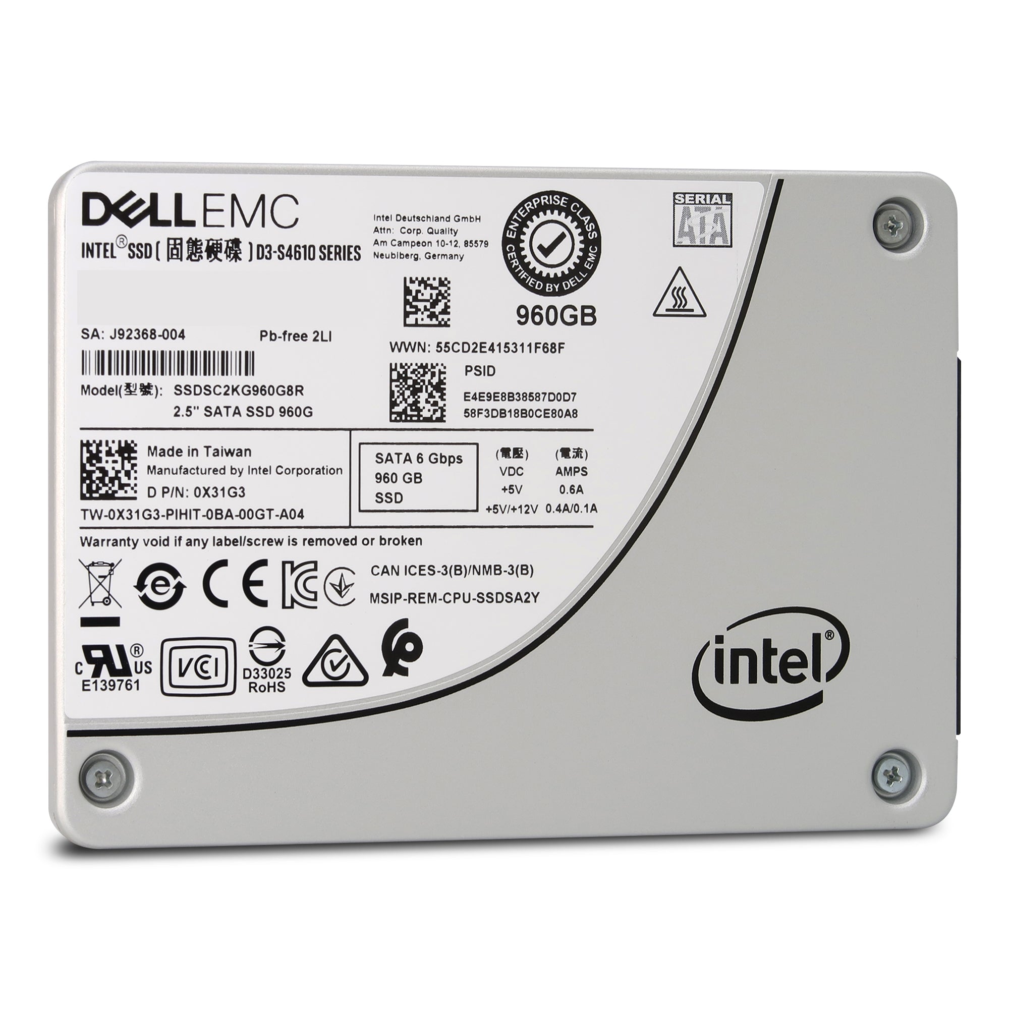 Dell D3-S4610 SSDSC2KG960G8R 0X31G3 960GB SATA 6Gb/s 3D TLC 3DWPD 2.5in Solid State Drive - Front View