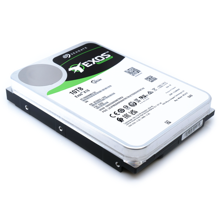 Seagate Exos X18 ST10000NM013G 10TB 7.2K RPM SAS 12Gb/s 512e FastFormat 3.5in Hard Drive flat angle.