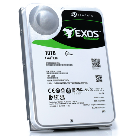 Seagate Exos X18 ST10000NM013G 10TB 7.2K RPM SAS 12Gb/s 512e FastFormat 3.5in Hard Drive front tilt.