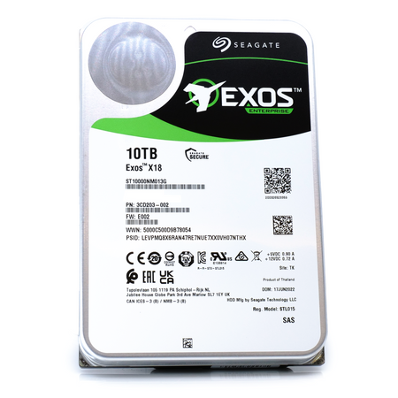 Seagate Exos X18 ST10000NM013G 10TB 7.2K RPM SAS 12Gb/s 512e FastFormat 3.5in Hard Drive flat front.