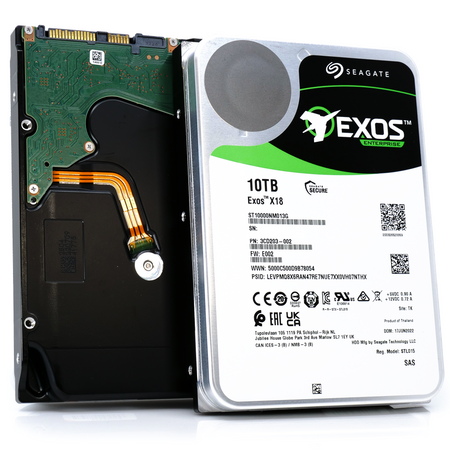 Seagate Exos X18 ST10000NM013G 10TB 7.2K RPM SAS 12Gb/s 512e FastFormat 3.5in Hard Drive front angle main image.