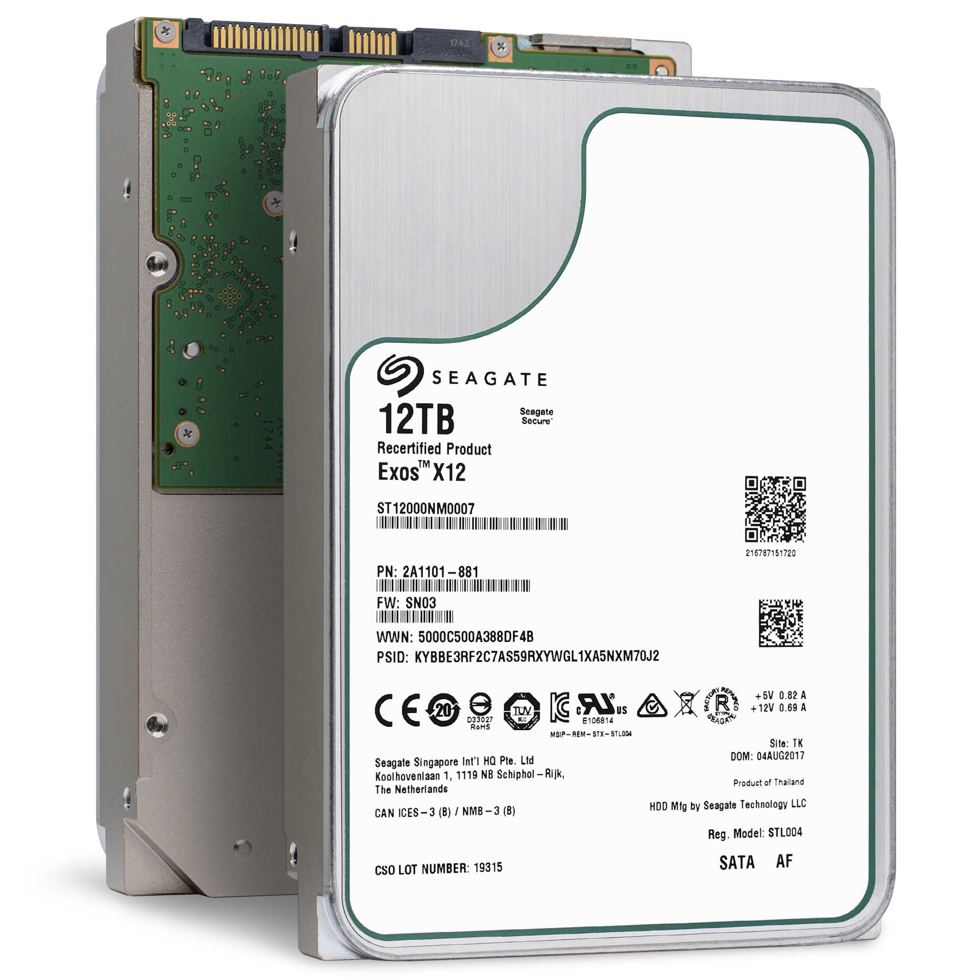 Seagate Exos X12 ST12000NM0007 12TB 7.2K RPM SATA 6Gb/s 512e 256MB 3.5" HDD