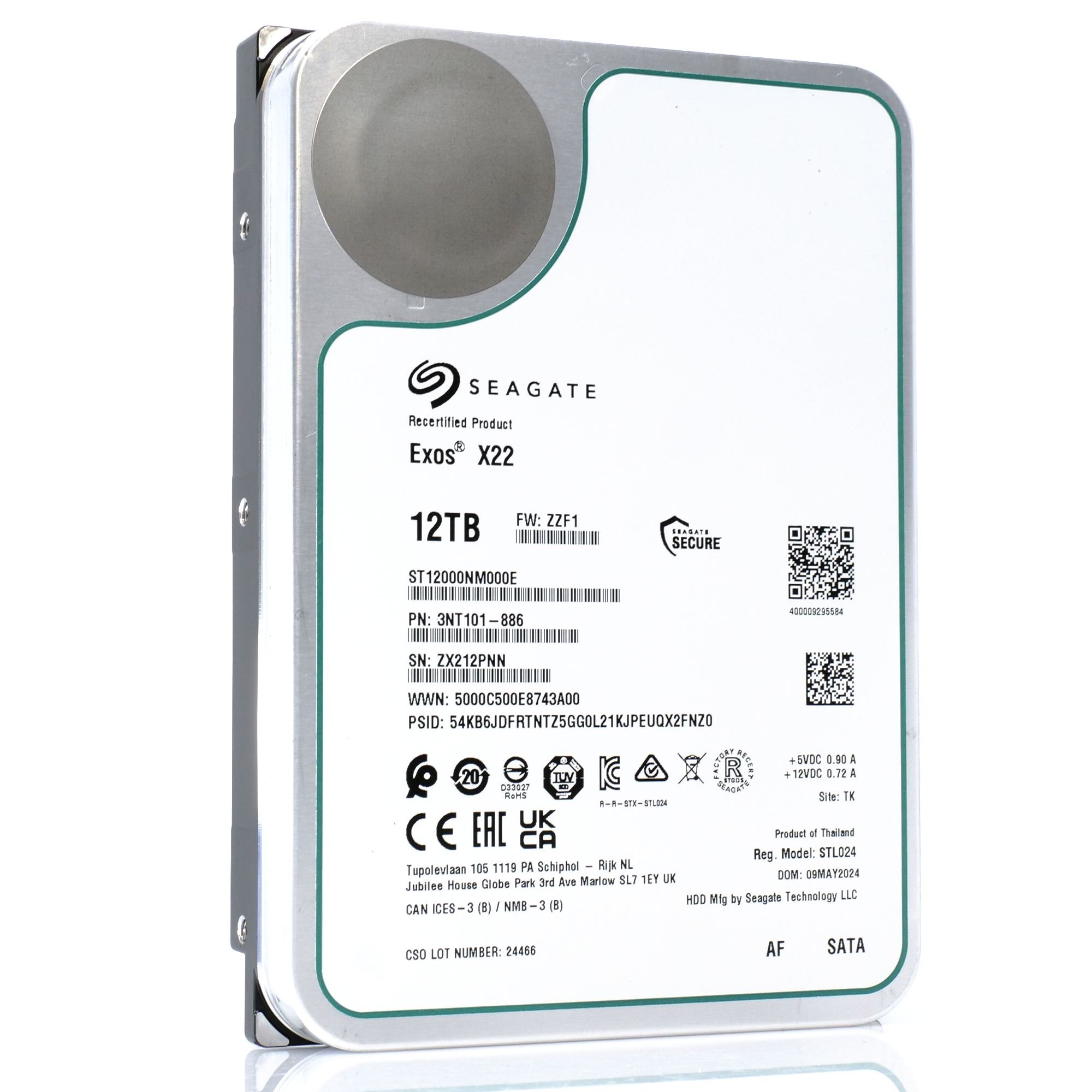 Seagate Exos X22 ST12000NM000E 12TB 7.2K RPM SATA 6Gb/s 512e 3.5in Recertified Hard Drive front angle shot