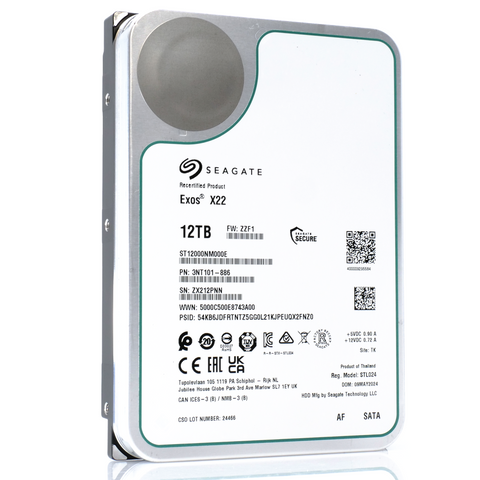 Seagate Exos X22 ST12000NM000E 12TB 7.2K RPM SATA 6Gb/s 512e 3.5in Recertified Hard Drive main front and back.