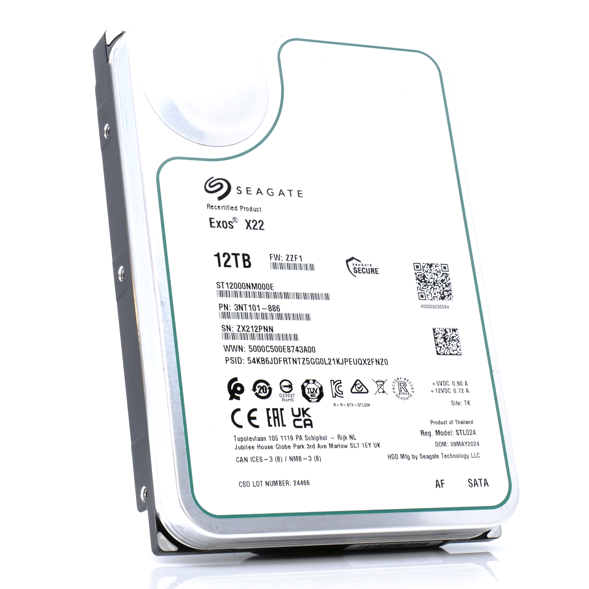 Seagate Exos X22 ST12000NM000E 12TB 7.2K RPM SATA 6Gb/s 512e 3.5in Recertified Hard Drive front angle 3