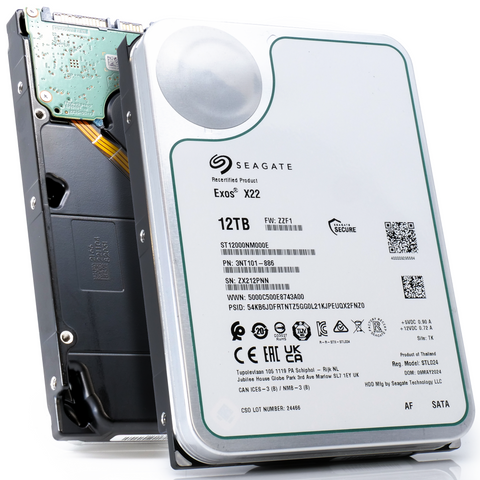 Seagate Exos X22 ST12000NM000E 12TB 7.2K RPM SATA 6Gb/s 512e 3.5in Recertified Hard Drive main front and back.