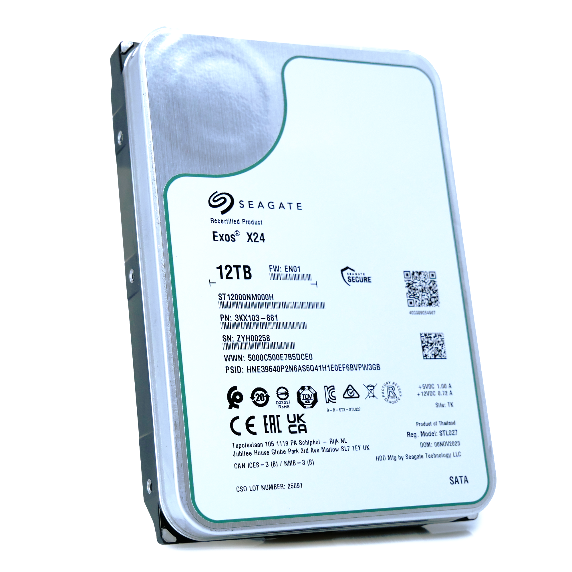 Seagate Exos Exos X24 ST12000NM000H 12TB 7.2K RPM SATA 6Gb/s 3.5in Recertified Hard Drive