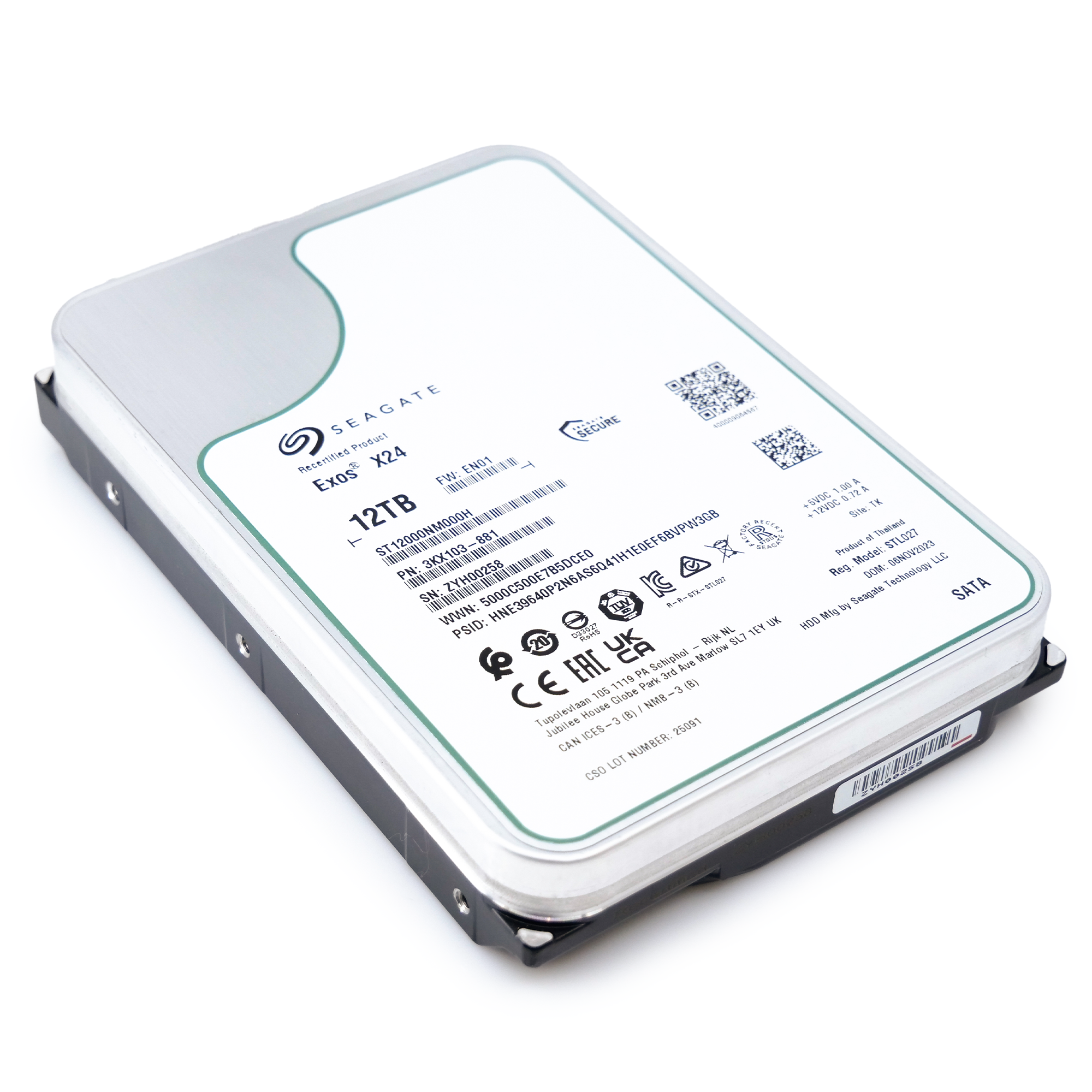 Seagate Exos X24 ST12000NM000H 12TB 7.2K RPM SATA 6Gb/s 512e 3.5in Recertified Hard Drive