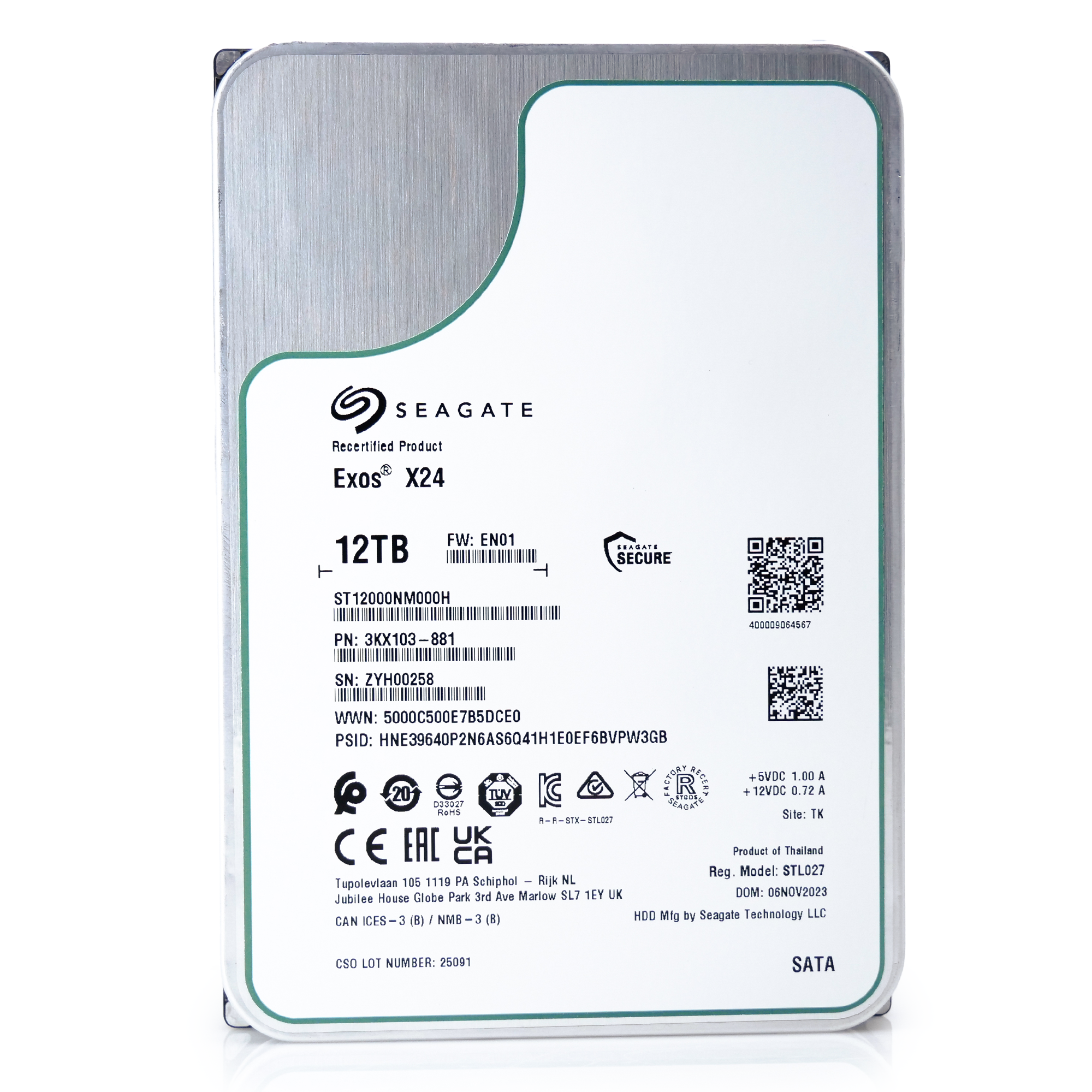 Seagate Exos X24 ST12000NM000H 12TB 7.2K RPM SATA 6Gb/s 512e 3.5in Recertified Hard Drive