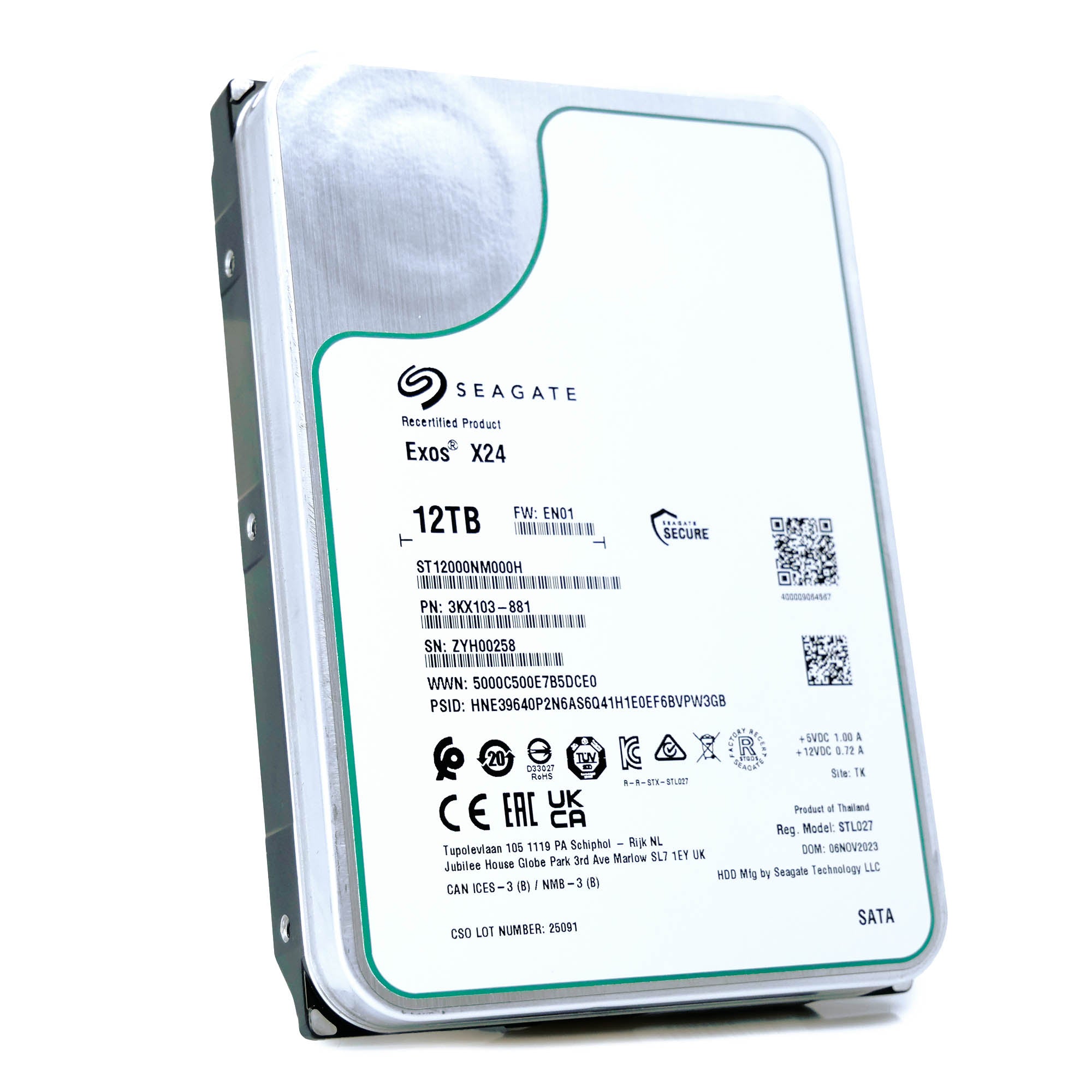 Seagate Exos X24 ST12000NM000H 12TB 7.2K RPM SATA 6Gb/s 512e 3.5in Recertified Hard Drive