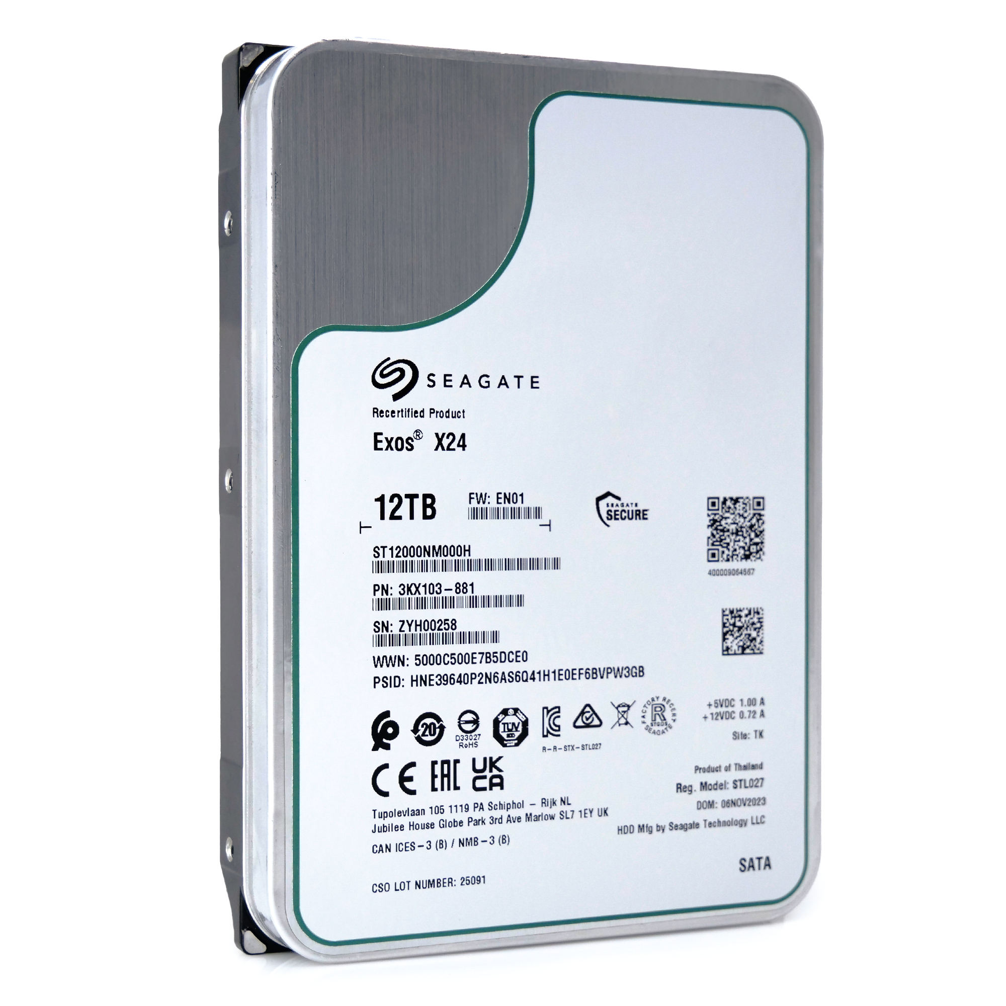 Seagate Exos X24 ST12000NM000H 12TB 7.2K RPM SATA 6Gb/s 512e 3.5in Recertified Hard Drive