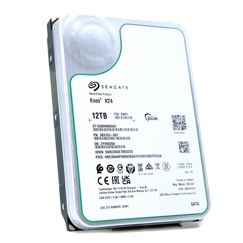 Seagate Exos X24 ST12000NM000H 12TB 7.2K RPM SATA 6Gb/s 512e 3.5in Recertified Hard Drive