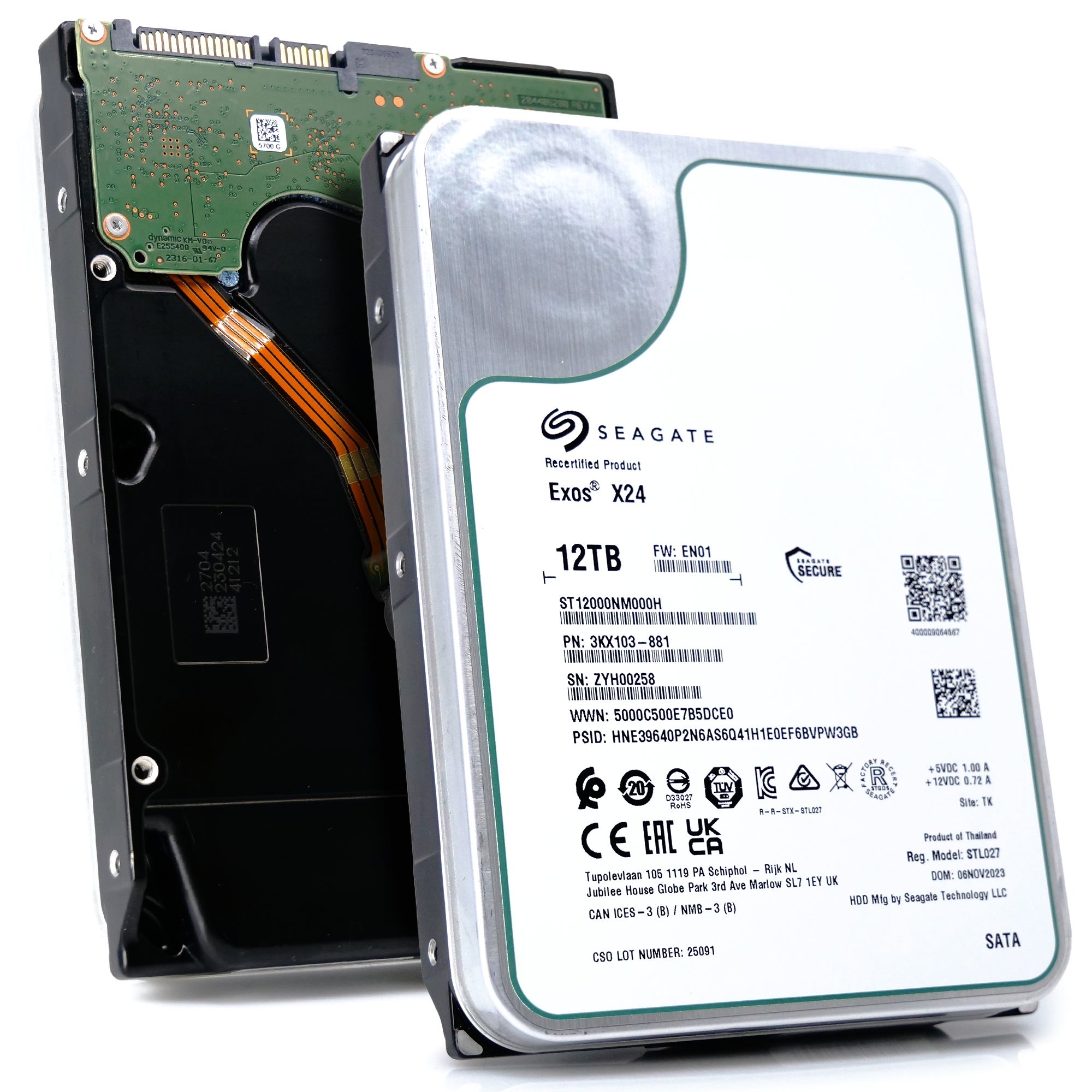 Seagate Exos X24 ST12000NM000H 12TB 7.2K RPM SATA 6Gb/s 512e 3.5in Recertified Hard Drive