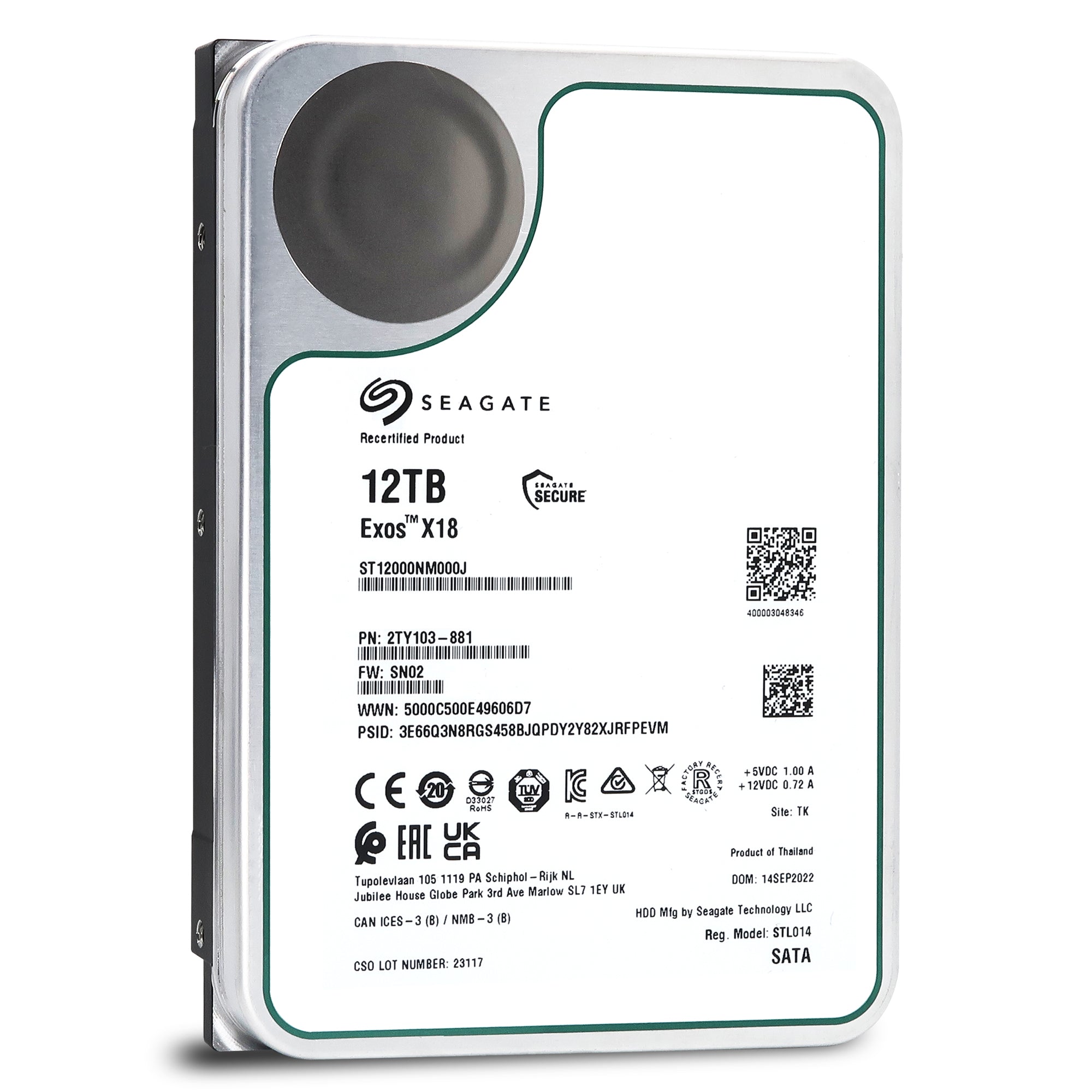 Seagate Exos X18 ST12000NM000J 12TB 7.2K RPM SATA 6Gb/s 3.5in Hard Drive