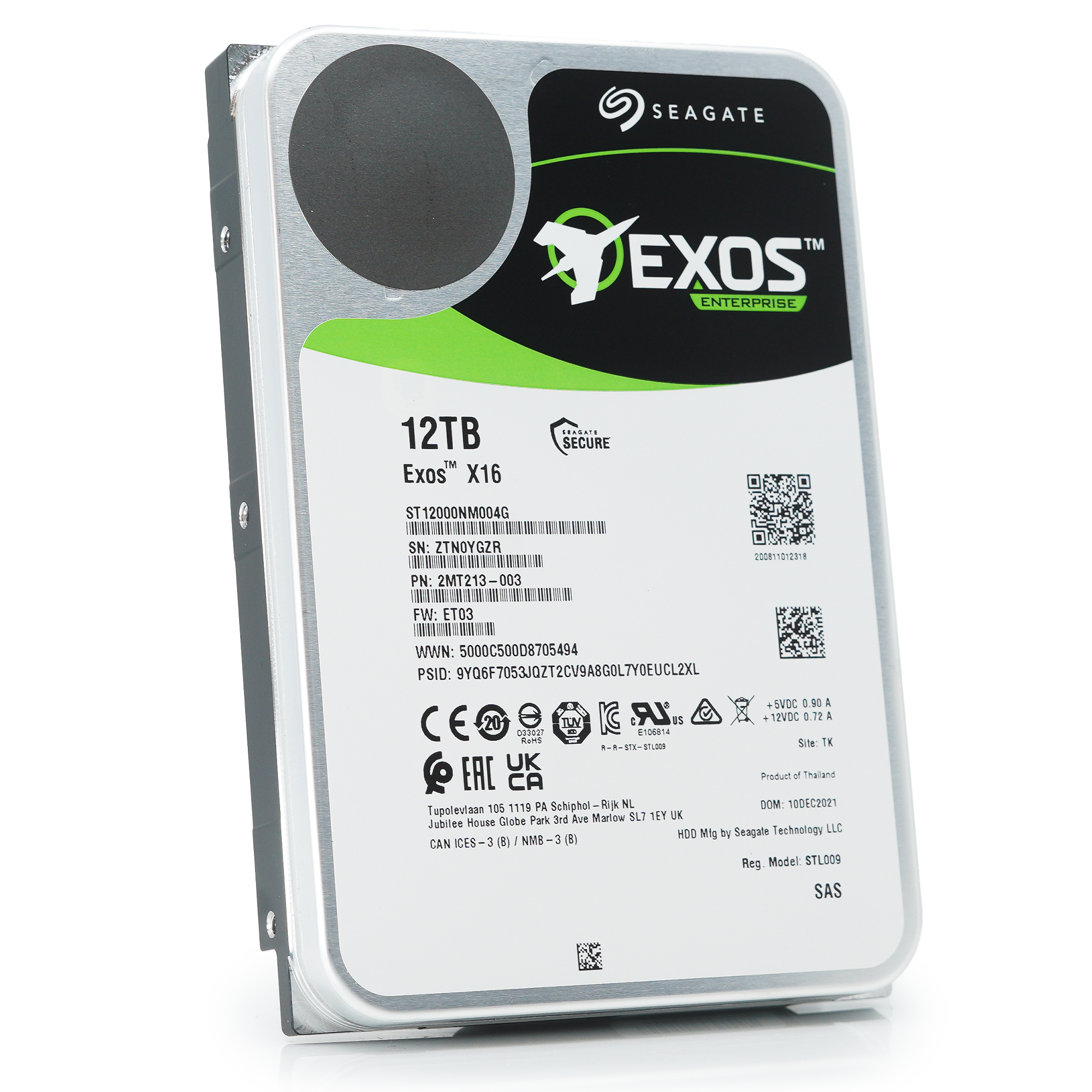 Seagate Exos X16 ST12000NM004G 12TB 7.2K RPM SAS 12Gb/s 512e SED 3.5in Hard Drive - Angle