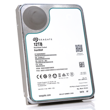Seagate IronWolf ST12000VN0007 12TB 7.2K RPM SATA 6Gb/s 256MB 3.5" NAS Manufacturer Recertified HDD front angle