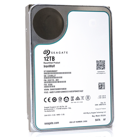 Seagate IronWolf ST12000VN0007 12TB 7.2K RPM SATA 6Gb/s 256MB 3.5" NAS Manufacturer Recertified HDD angle front 