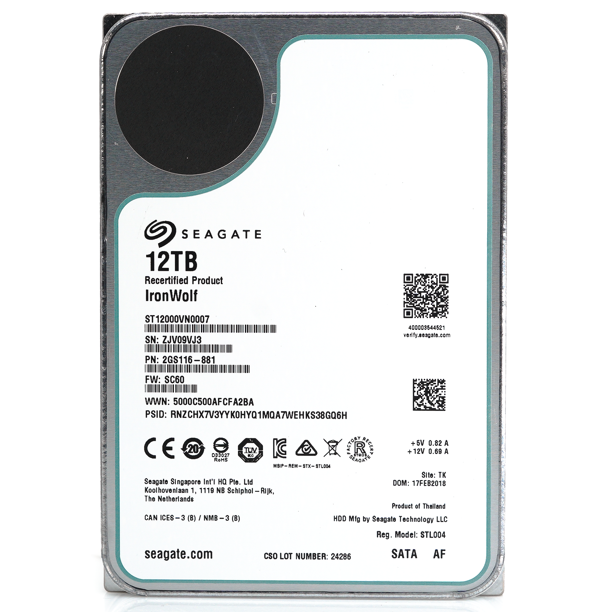 Seagate IronWolf ST12000VN0007 12TB 7.2K RPM SATA 6Gb/s 256MB 3.5" NAS Manufacturer Recertified HDD - Front View 2