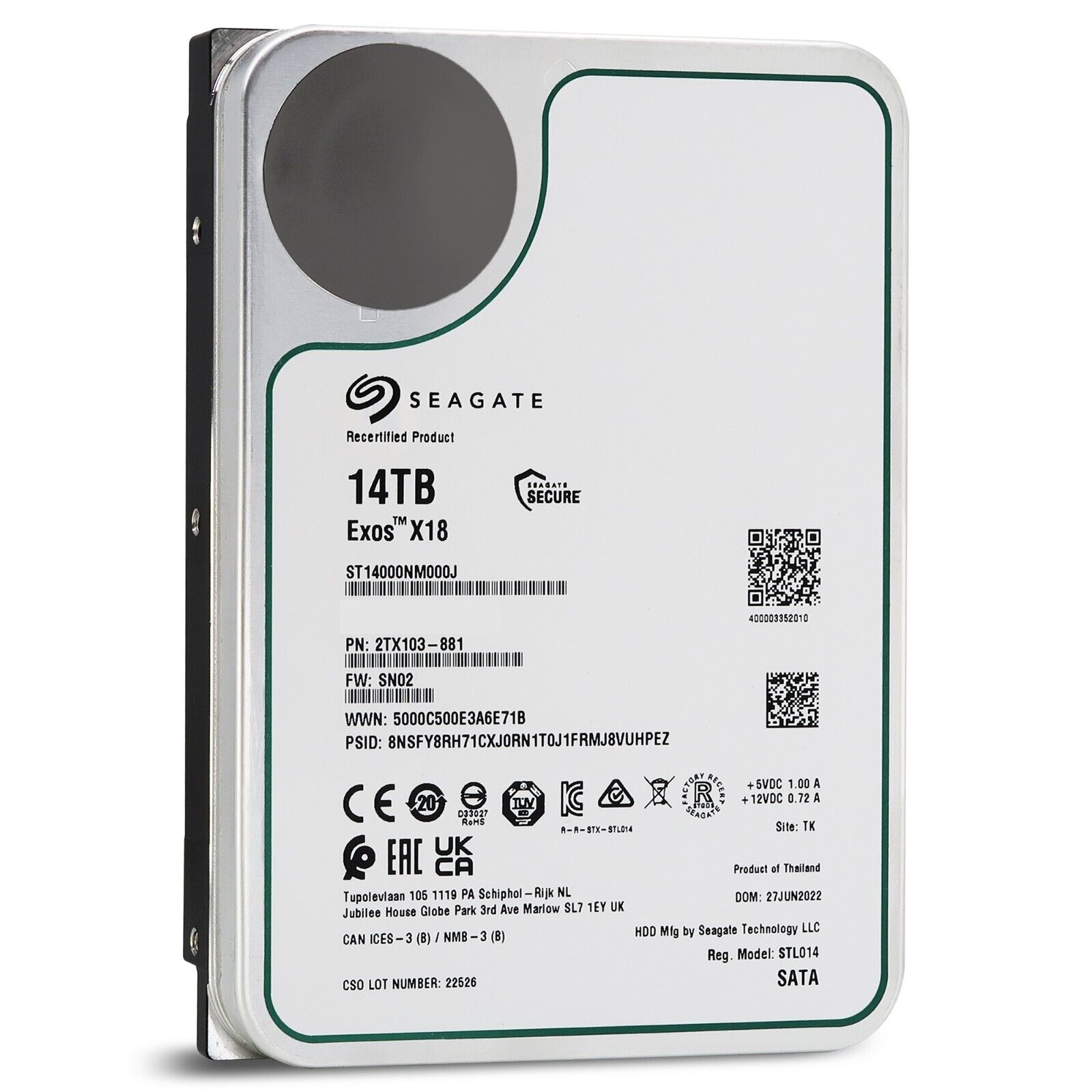 Seagate Exos X18 ST14000NM000J 14TB 7.2K RPM SATA 6Gb/s 3.5in Hard Drive